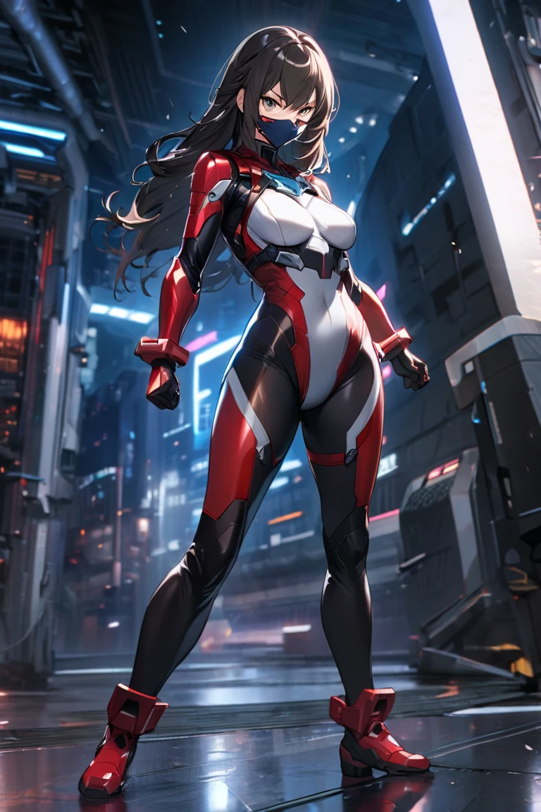 best qualityer,tmasterpiece,Ultimate resolution,downy,Extremely colorful,Colorful,Women combatants,a matural female,medium size breasts, Black long hair,Tight combat suit,tightsuit,Steel City background,nigh sky,Normal posture,Normal posture
