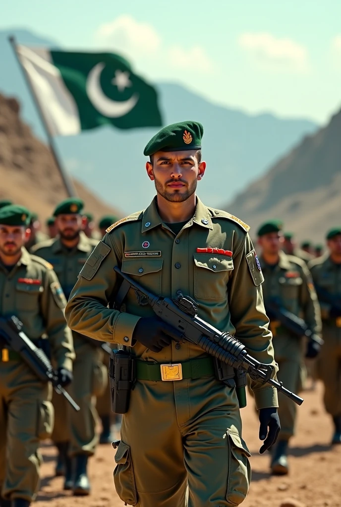 Make a picture in which Pakistani army t-shirt with the name Asad written on it, Pakistan flag in my hand and pakistan army soldiers with me, Pakistan flag in my hand and Nawaz Sharif with me.