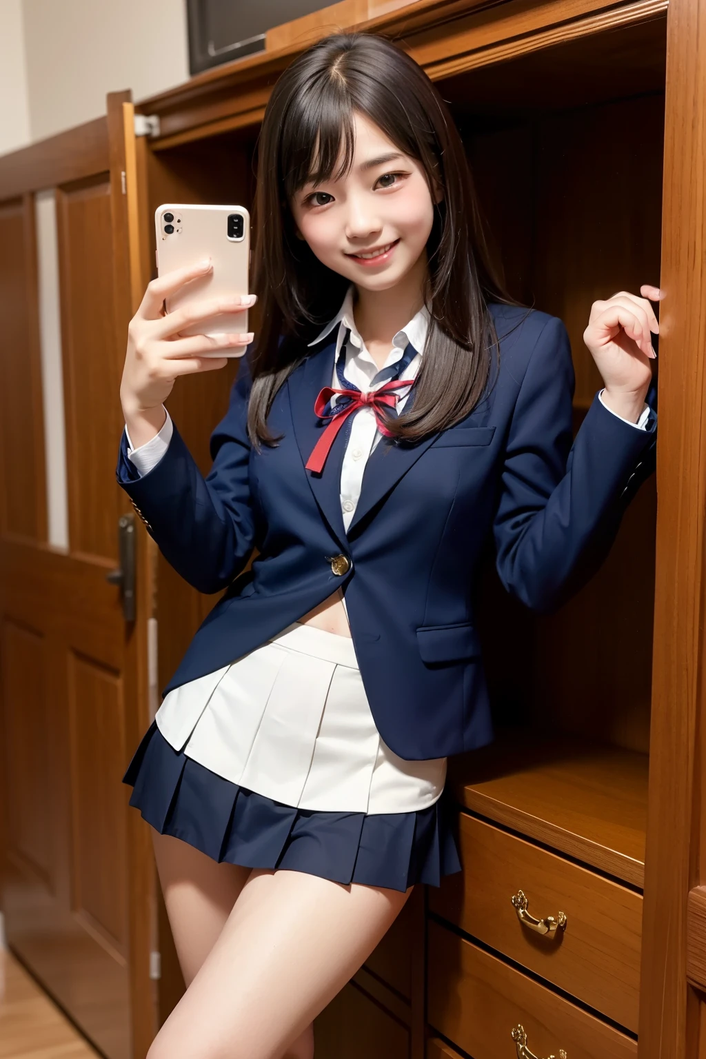 (8k), (highest quality: 1.2), (Realistic), (Realistic: 1.37), Ultra-high resolution, 1 girl, cute, smile, Mouth closed,(Red Lip:1.2), Beautiful details, (blush:1.2),Beautiful Nose, Wet Hair,ponytail, Giant Dulcefo, pork, Thighs，Selfie,University Student Uniform,A simple blazer,Pleated skirt,Are standing,Opaque tights,(8k), (highest quality: 1.2), (Realistic), (Realistic: 1.37), Ultra-high resolution, 1 girl, cute, smile, Mouth closed, Beautiful details, Beautiful Nose, Wet Hair, Giant Dulcefo, pork, Thighs，Selfie,University Student Uniform,A simple blazer,Pleated skirt,Opaque tights,bed,Spread your legs ,Skirt Lift, From above
