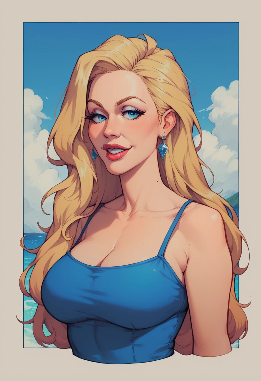 Flat colors, close up, Portrait of a 25 year old surfer looking girl, tan skin, beach blonde salty hair, natural beaty, beautiful, casual, blue Tank- top, Cleavage, (([Simply white Background]))_comics_cover, 