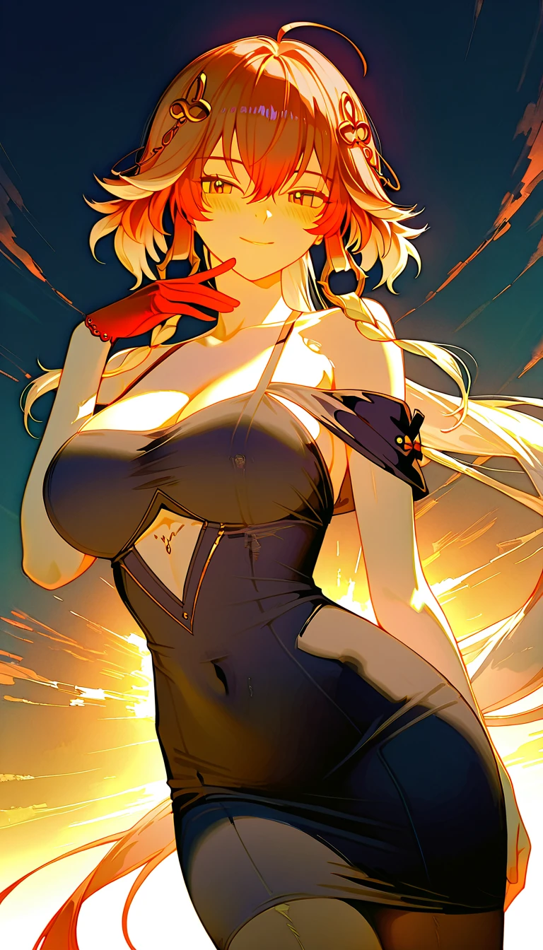 black dress, arms up, armpits, sweat, large breasts, kronya, white skin, orange hair, yandere, short hair