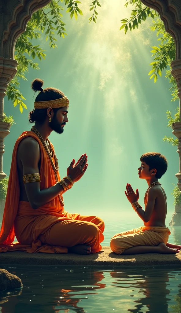Chaild Beautiful Lard Sri Krishna explain Geetha book on his hand and to a girl 1 and wearing t shirt her name is pavani on the t shirt back side and she is sitting in front of Lard Sri Krishna. Lard Sri Krishna with no bearded