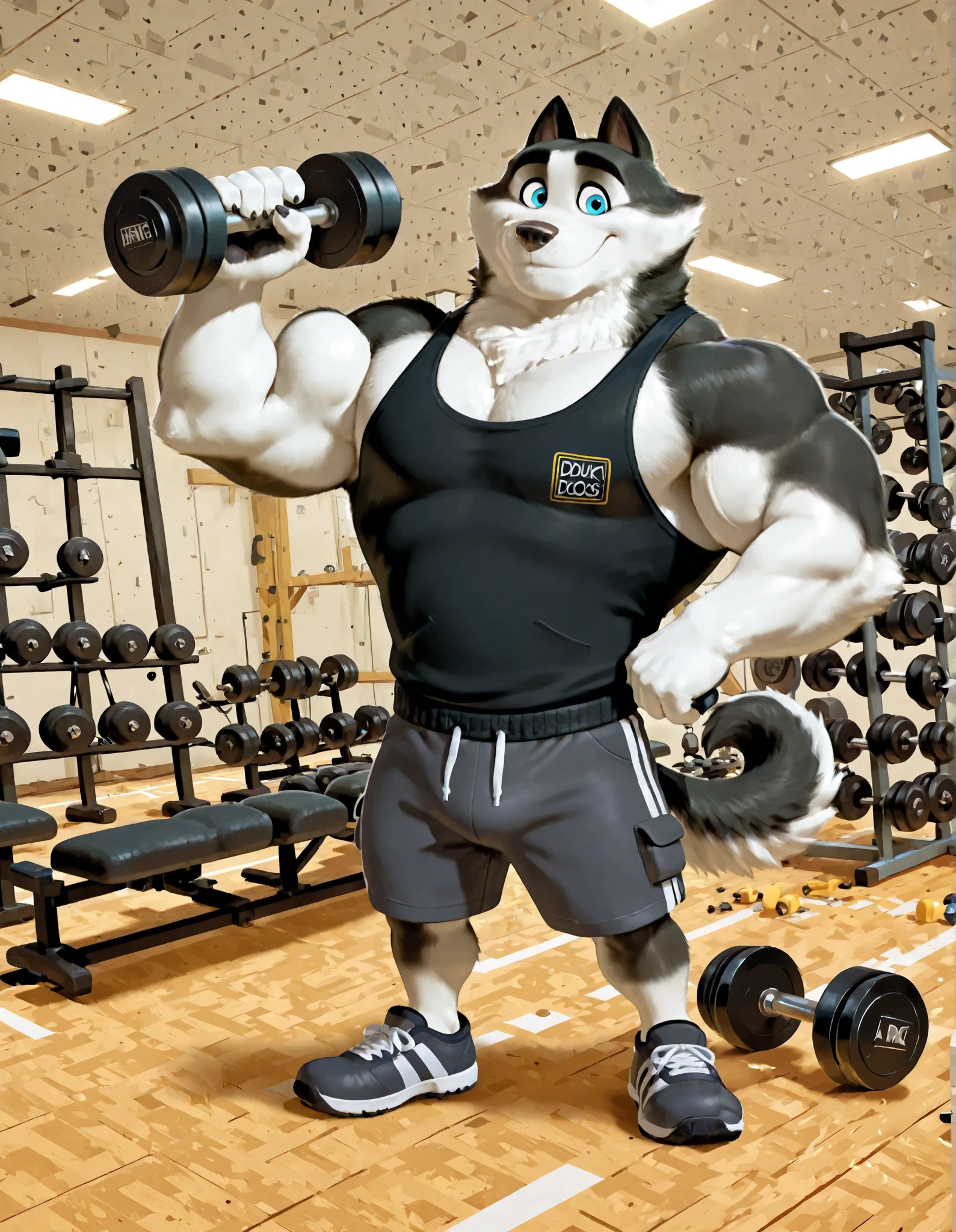 Duke (Arctic Dogs), anthro dog, black fur, white fur, male, blue eyes, high quality, full body, focus pumping, solo, gym background, thick arms, muscular, black tank top, dark gray gym shorts, gym shoes, dumbbells, working out,