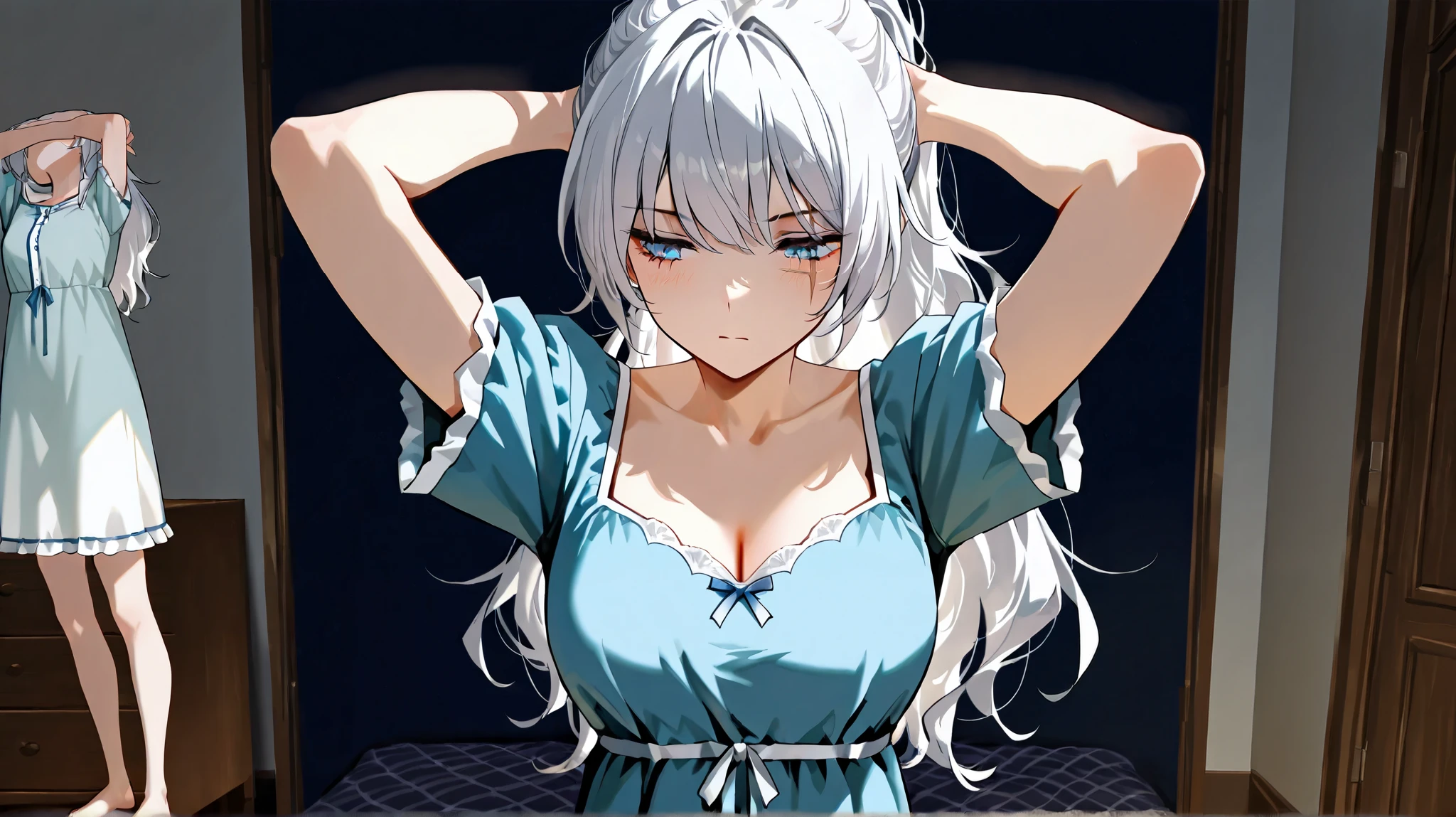 8k, highres, novel illustration, best quality, masterpiece, highly detailed, 1girl, W31ssSchn33, 1girl, white hair, blue eyes, long ponytail, side pontyail, scar across eye, W3issP4j4m4s, hair down, pajamas, short sleeves, nightgown, sleepwear, barefoot, {upper body focus}, calm expression, closed mouth, standing, arms up, indoor dorm room at night background