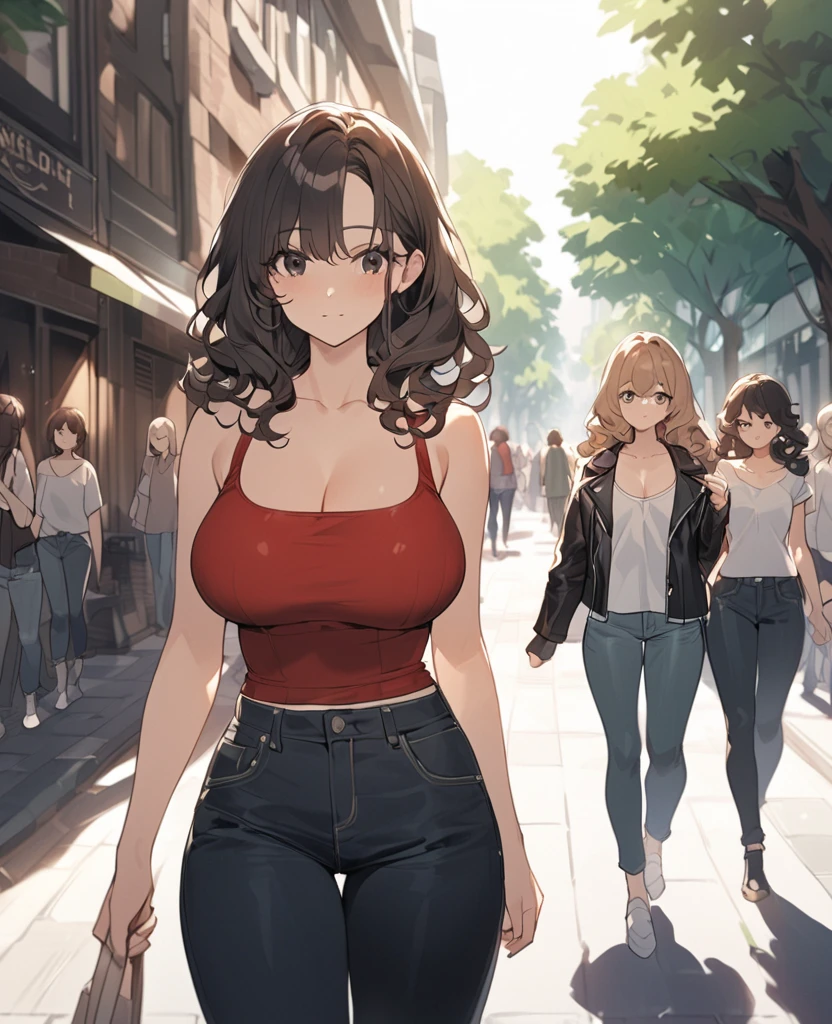 1 adult female、35-year-old woman、Huge breasts:1.5、sagging breast:1.5、Brown Hair、Light red eyes、Wavy Hair、Bobcut、living、milf、off-shoulder sweater、potbelly、Worried brow、smile、mole under eye、Gorgeous Mom、Black tight skirt、Walking elegantly through the city