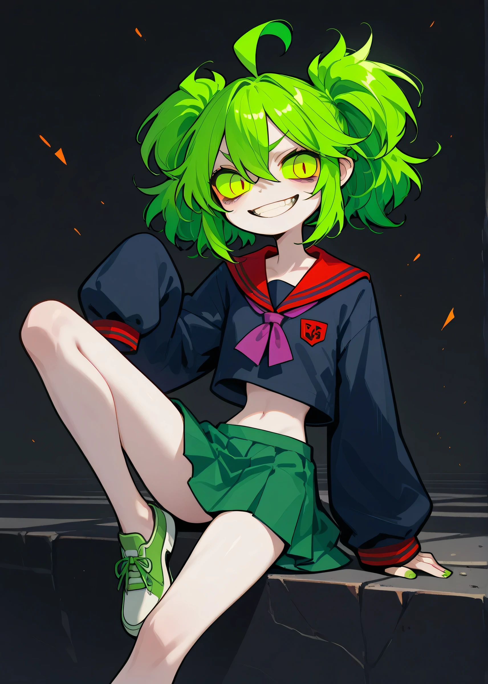 uksrtshame, 1girl, solo, green hair, twintails, sleeves past wrists, school uniform, colored sclera, ahoge, midriff , grin, long legs , shoes 