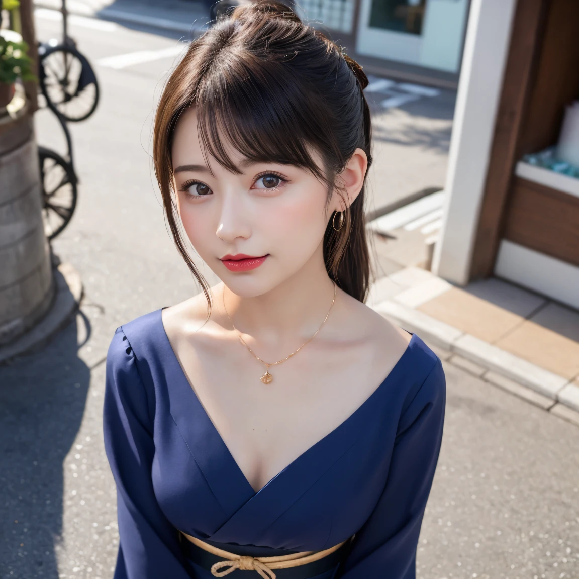 balcony、Angle from directly above、Wide open chest、Nape、Plain Yukata、Age 25、Has bangs、double eyelid、purity、Transparent fair skin、Fluffy hair、(Very large round breasts:1.3)、Beautiful Eyes、Detailed eyes、It is detailed、Long eyelashes、美しいdouble eyelid、profile