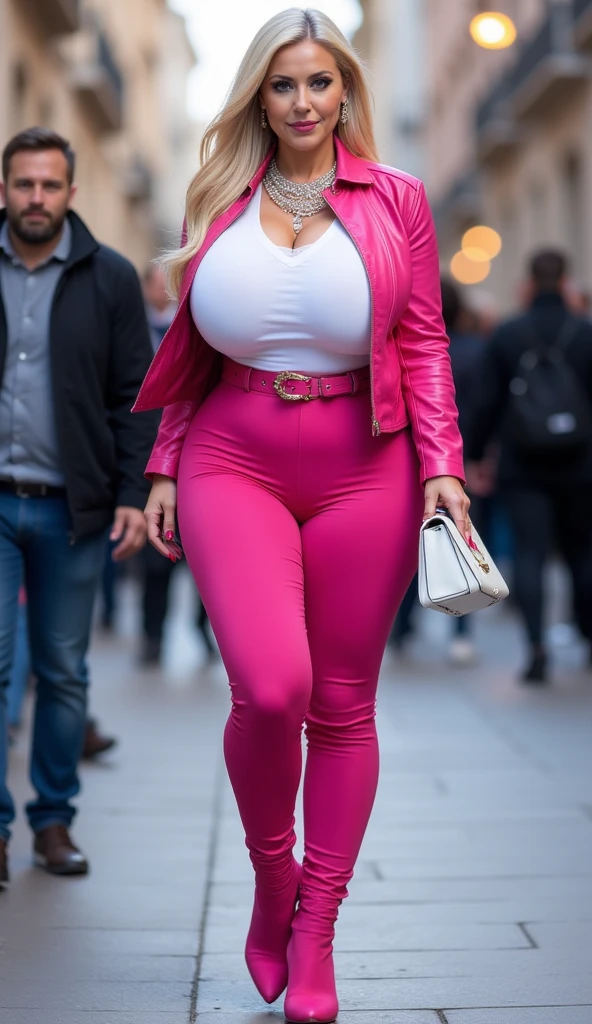 Very beautiful Malay woman, curvy body, big breasts, wearing random colored clothes, wearing random colored sexy leggings, walking in the city, blonde hair, super detailed 8k HD quality, very realistic skin, discriminating body details.
