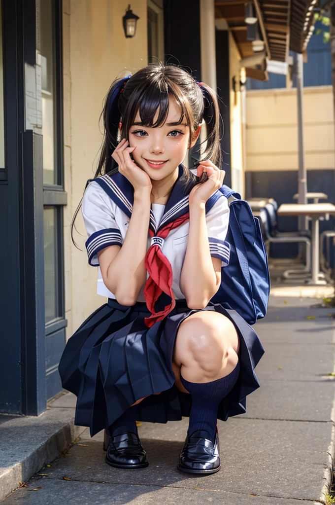 1 girl, So cute, Great face and eyes, (Beautiful lovely smile), (Very detailedな美しい顔), bright shining lips, Keep staring at me, so beautiful, (school uniform:1.3), (highest quality:1.4), (super high quality), (Very detailed), (Surreal, Photorealistic:1.37), Real skin texture, 8K wallpapers incorporating highly detailed CG, RAW Photos, Professional photos, Cinema Lighting,Short skirt、Wearing boots、Crouching posture