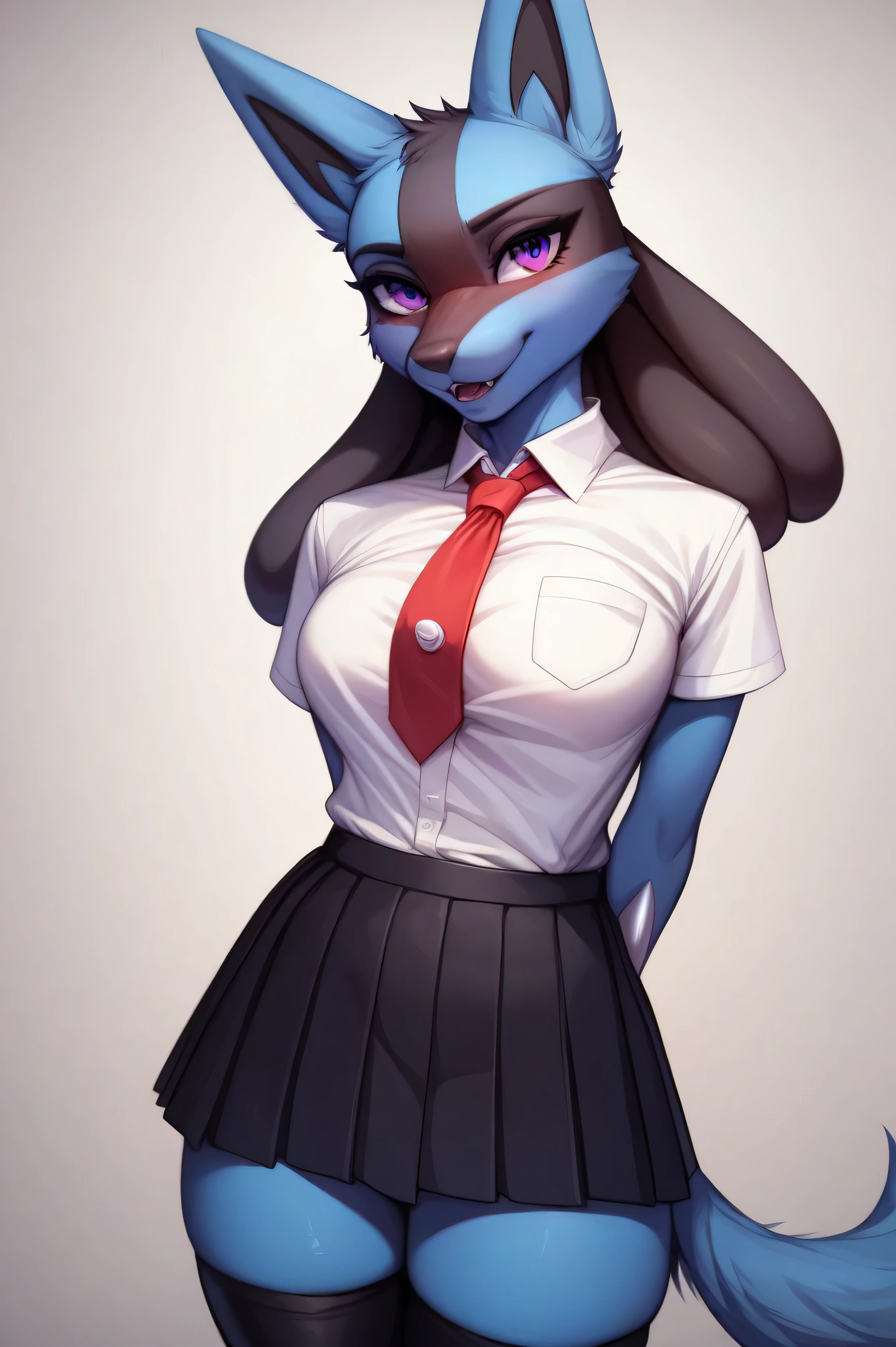 score_9, score_8_up, score_7_up, score_6_up, high quality, intricate details, high resolution, sharp focus, Expressive, solo, WhisperingVeil Style, better face, better eyes,
1girl, lucario (pokemon), anthro, school uniform, white shirt, red tie, black skirt, black thigh highs, blue skin, black contours, furry art, commission for high res, purple eyes, stading straight, arms behind back, standing