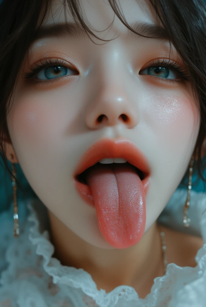 table top,,Awards - Award-winning photos, very detailed, close up of face、focus the eyes clearly, nose and mouth,face focus, woman with open mouth and closed eyes, close up face focus、35 years old,black haired、symmetrical face,realistic nostrils、angle from below、elongated C-shaped nostrils、sweaty skin、Lighting that highlights Skin shiny with sweat、((sharp nose))Skin shiny with sweat、shiny skin、Big eyes、double eyelid、(My tongue is wet and shiny) ((wet tongue)) ((Berokisu))garden,In front of mimosa flowers,