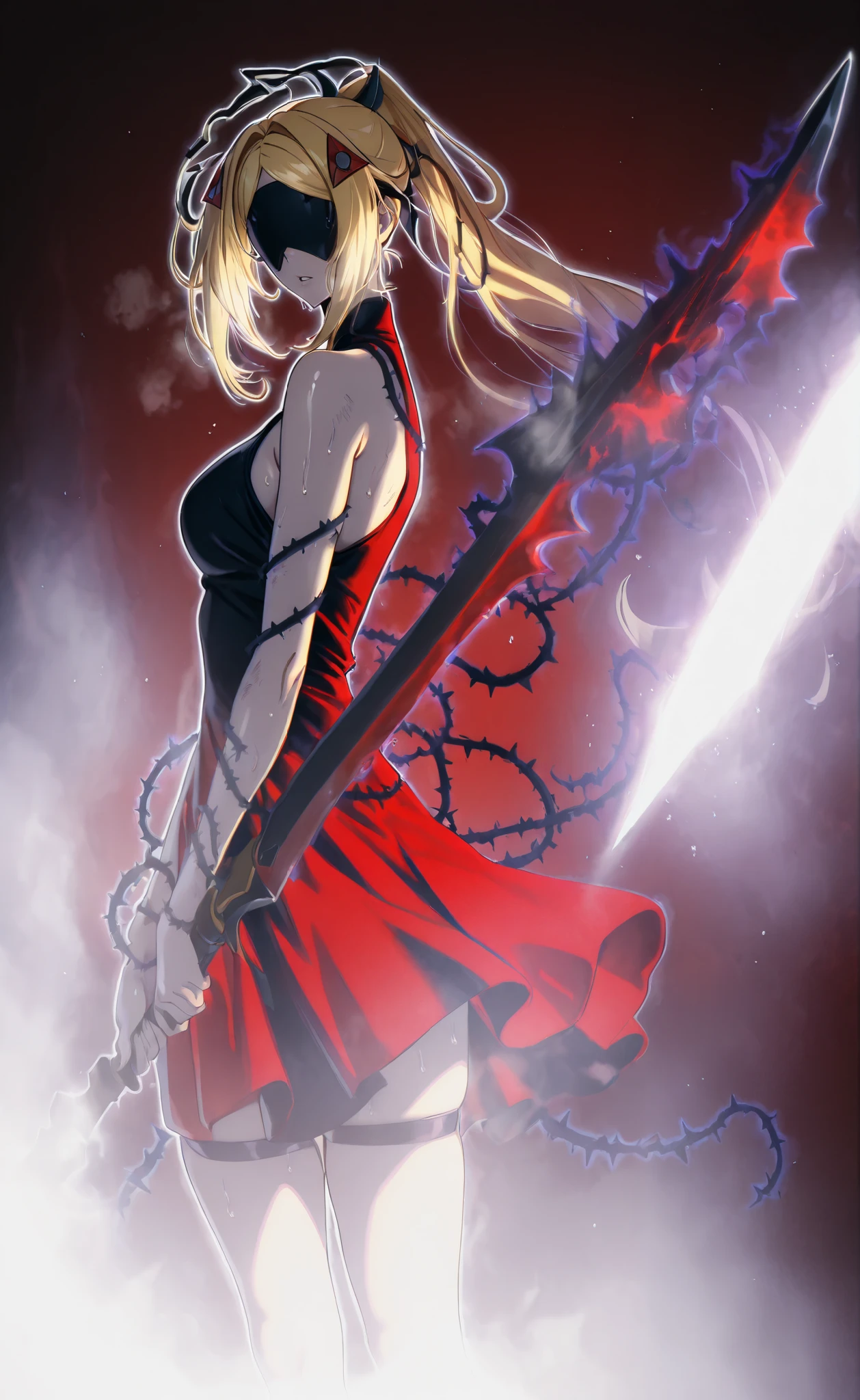 Masterpiece, high quality, absurdres, best quality, very aesthetic, newest, dramatic light, chiaroscuro technically, contrasting color, dynamic composition, anatomical correct, HD, 4K, digital art, trending on DeviantArt, perfect body, detailed eyes, perfect fingers, gasping, heavy breathing, excessive sweating, sweating, sweating profusely, gasping profusely, cinematic, ((skindentation)), ((voluptuous)), tr1gg3r, covered eyes, blonde hair, parted bangs, hair intakes, long hair, ponytail, triangle hair ornament, headgear, black blindfold, ((white outline)), 1girl, solo, thorns, red_background, dress, looking_at_viewer, plant, black_dress, breasts, simple_background, bare_shoulders, vines, standing, sleeveless, parted lips, sleeveless_dress, from_side, weapon, (aura), (black aura), (dark aura), looking at viewer, ground, dirty, holding