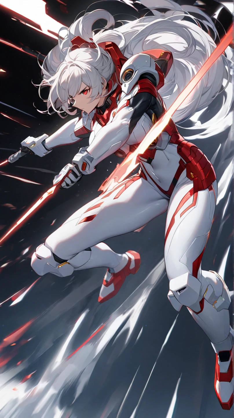 nothing background，Long pure white hair，White skinny racing suit，Be red in the face，pretty eyes（Girl leaking urine），leaked pee