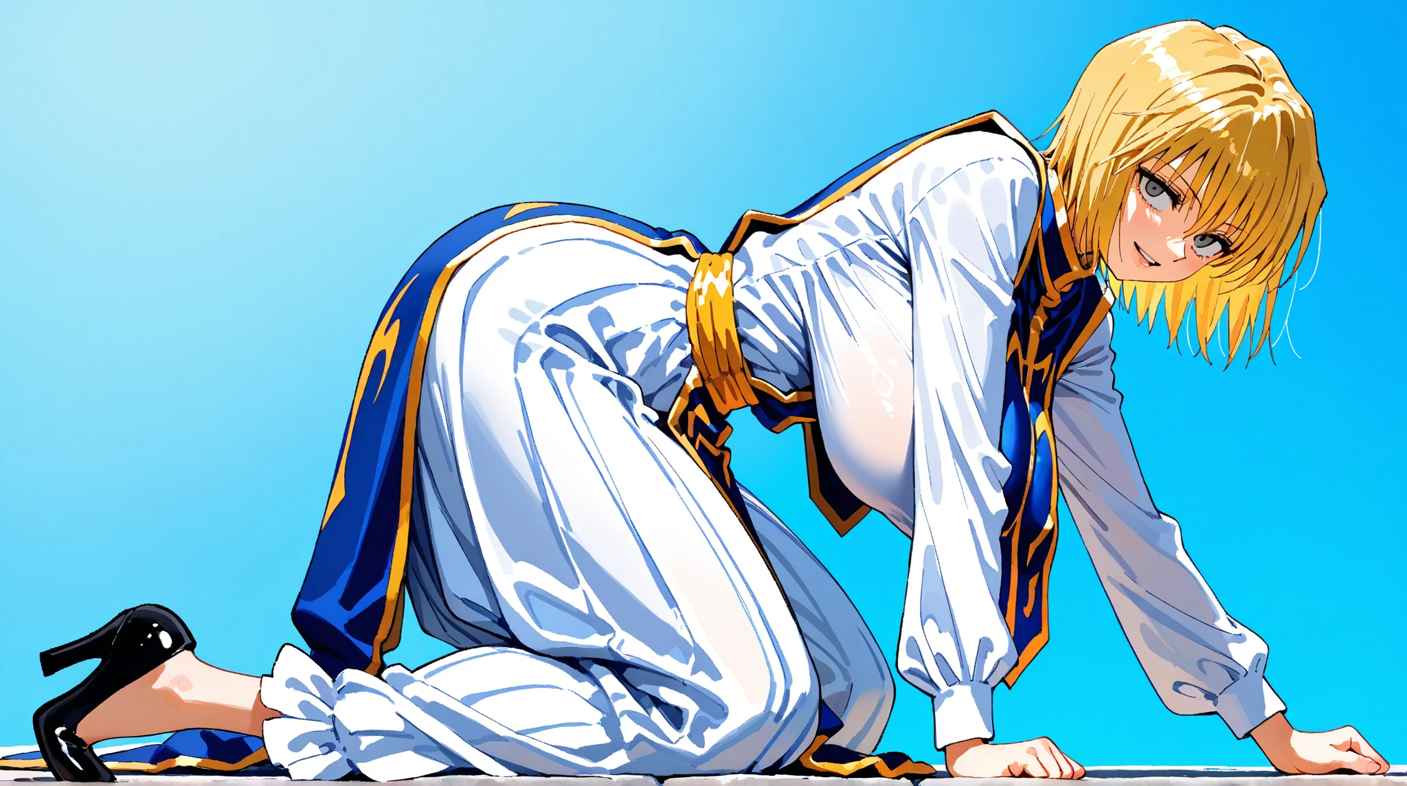 absurdres, highres, ultra detailed, (1 girl:1.2), (huge_breasts:1.2), (dark tan skin:1.4), unity 8k wallpaper, Dynamism,cinematic shot, intricate details, Back view、Back muscles、Butt、I can see your back、squat、On all fours、Shortcuts、Samurai Uniform、Twin tails