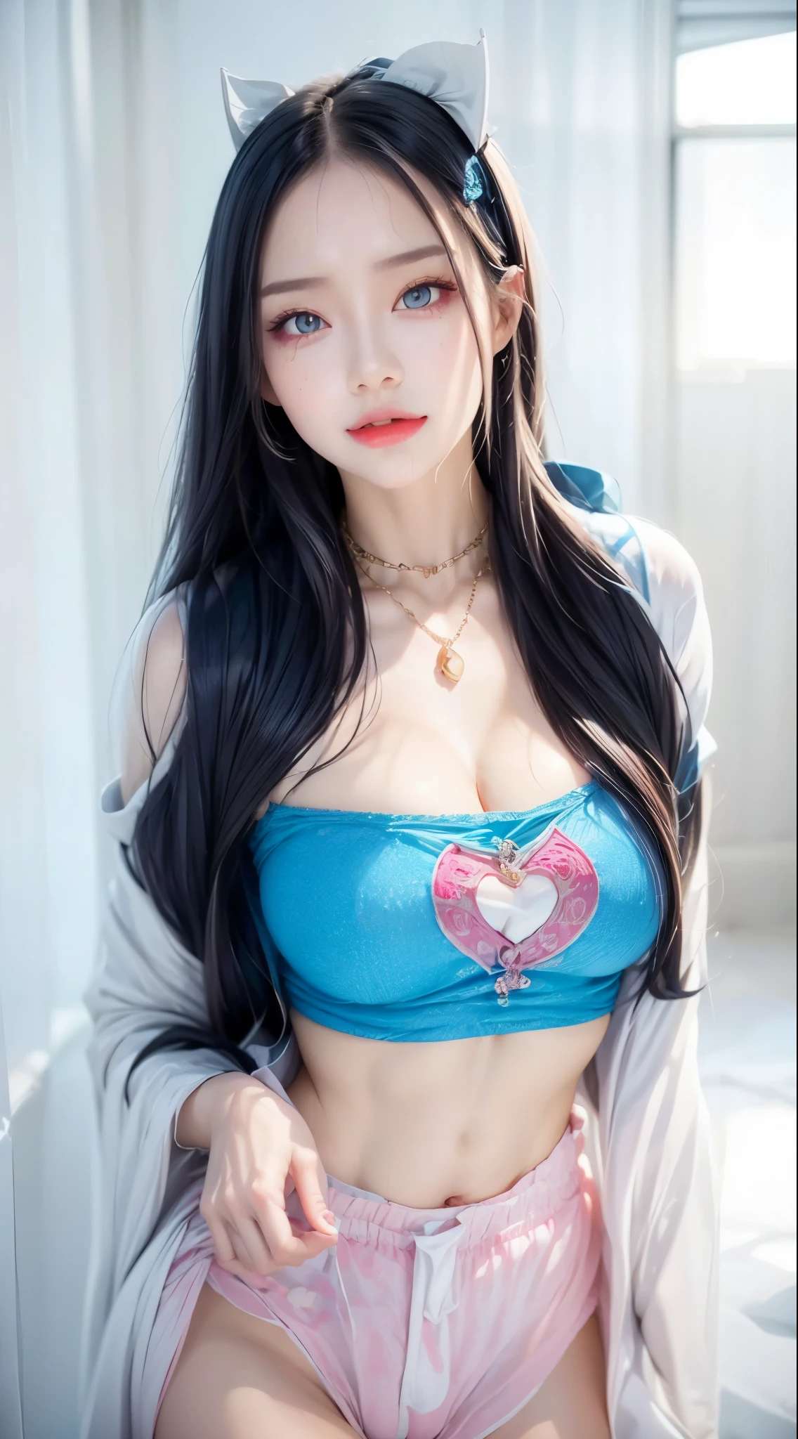 Highest quality、8k、32K、masterpiece、Ultra-clear、Highest quality、8k full vision, Cinema Lighting:1.2)、(Blue Right), One Girl、Long Hair Girl、Beautiful Japanese Woman、Black-haired、Heavy bangs、Accentuate your breasts、choker、(Super big breasts:1.5), (jirai type fashion、Jirai Type Makeup, Jirai girl), Sparkling under-eye bags、Red glitter eye makeup, From feet to head、

Hotel bed with the lights off、SEX ROOM、Love Hotel:1.8, Sexy underwear
