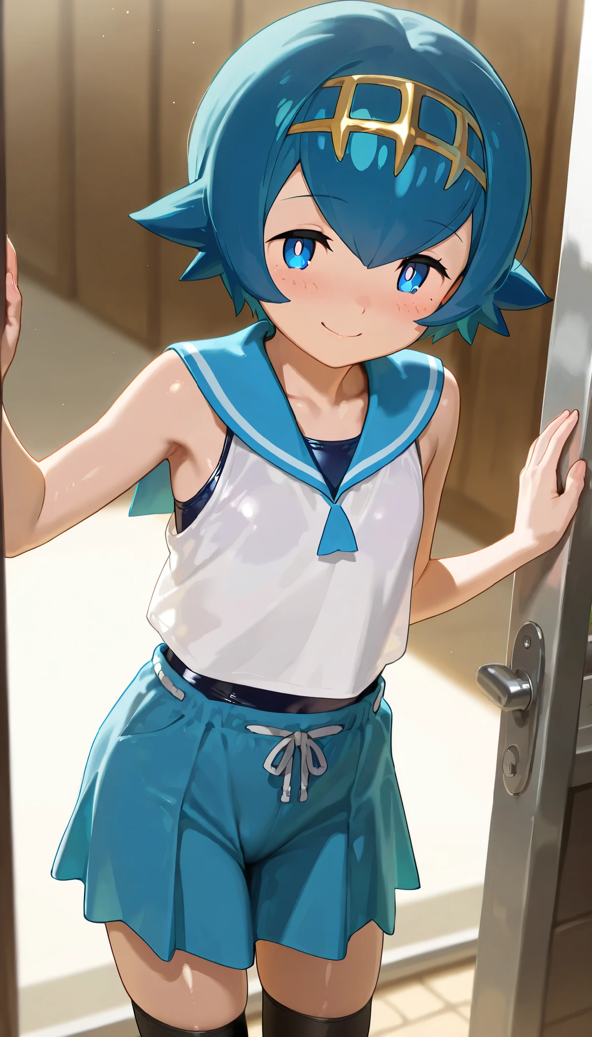 high resolution picture, masterpiece, best quality, amazing quality, solo, 1girl,lana,smile,flat chest,shiny skin,blush,black thighhighs, blue sailor collar, blue skirt, collarbone, one-piece swimsuit, pants, sailor collar, shirt, sleeveless, sleeveless shirt, swimsuit, swimsuit under clothes, thighhighs, white shirt,cowboy shot,front view
