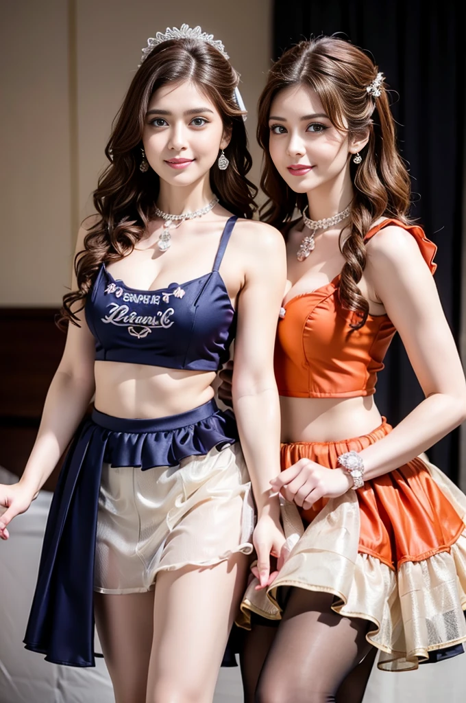 Beautiful 2 woman, full body shot, (long hair: 1.28), clear skin, (queen elsa face), pale skin, medium breasts, (thin hips, thin waist , athletic body: 1.25), detailed skin, smile open mouth)), 8k textures, soft light, sharp focus, soothing tones, hyperdetailed, perfect lighting, hdr, faded, jewelry, make-up, palace bedroom, smile, open mouth, (widowmaker's costume, pleated skirt)), mesh, black eye shadow, fish net pantyhose up to waist, (side by side, red and gold, lying down on back, bed)