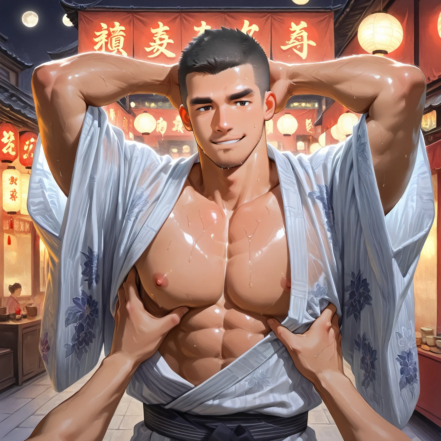 8K, tmasterpiece, high-definition picture quality, intricately details, (((A mature male))), Solo, aged 40, Asia face, largeeyes, brunette color hair, Cut only round inches of slag,Slag,musculous,vast pecs, Wheat complexion, blushing cheek, Broad shoulders, ((Bare topless)), ((Huge crotch bulge)), (((Thigh-to-toe unobstructed))),, (Full body like), in a panoramic view, legs separated, Stand up, Towel on the shoulder, (Turn your face to the side), Eyes look into the distance, 60s propaganda poster style, Flattening, Thick lines outline the outline, Lots of white space, Rich background, Heroic perspective, The hero's standing posture, Naked Male, Big Penis, Sweaty male