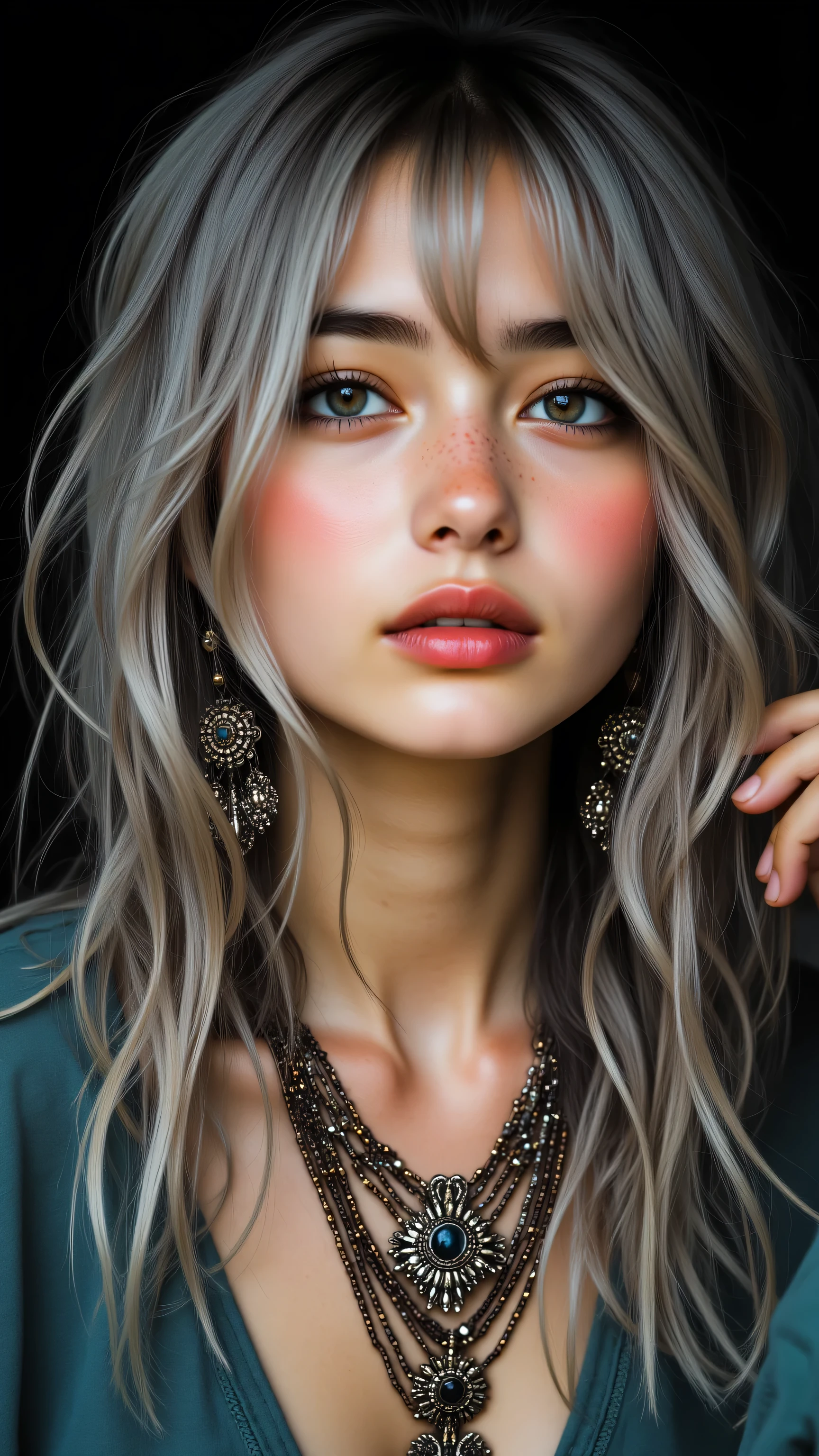 A woman with long hair and earrings posing for a picture - SeaArt AI
