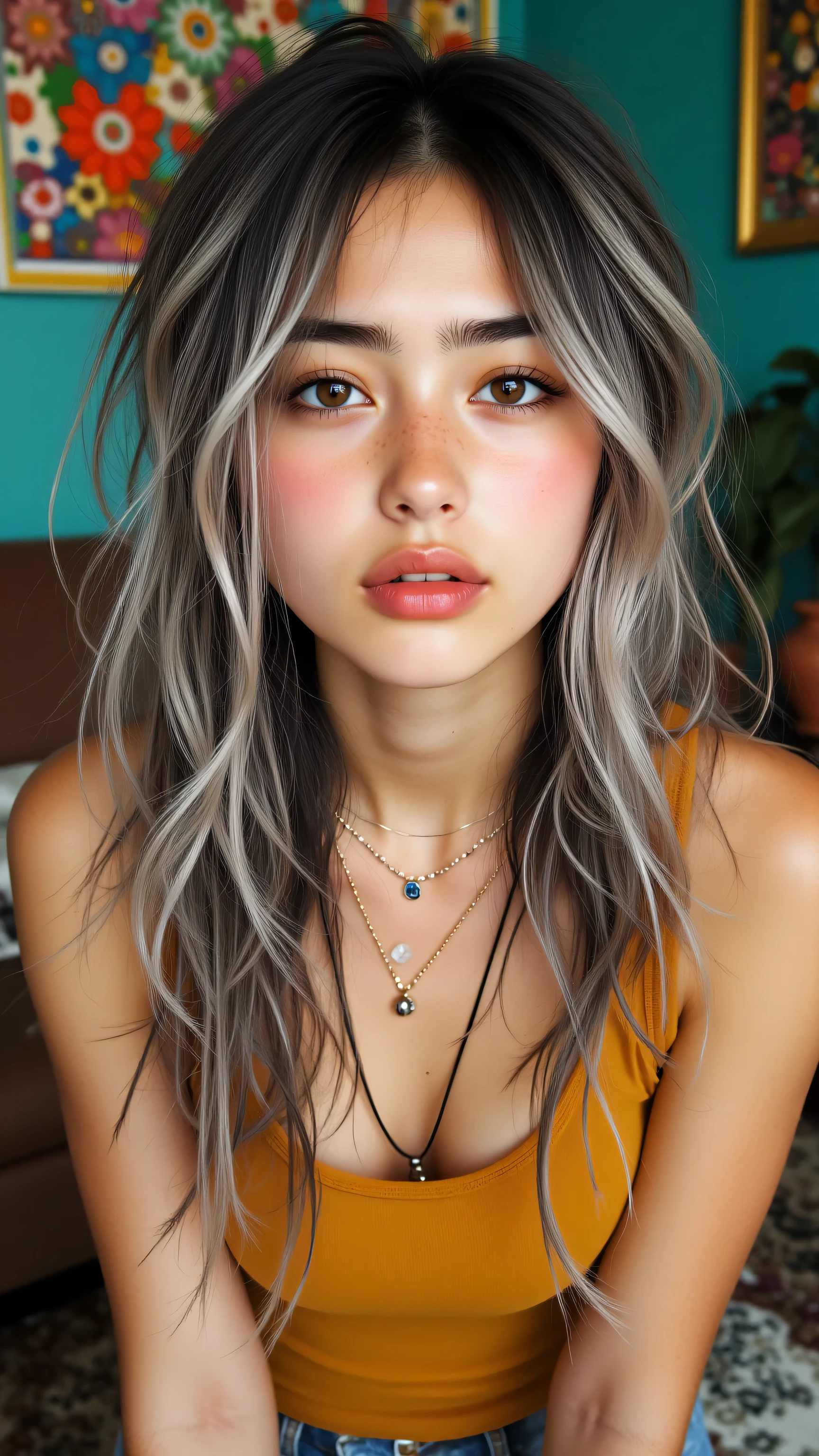 A woman with long hair and a yellow top posing for a picture - SeaArt AI