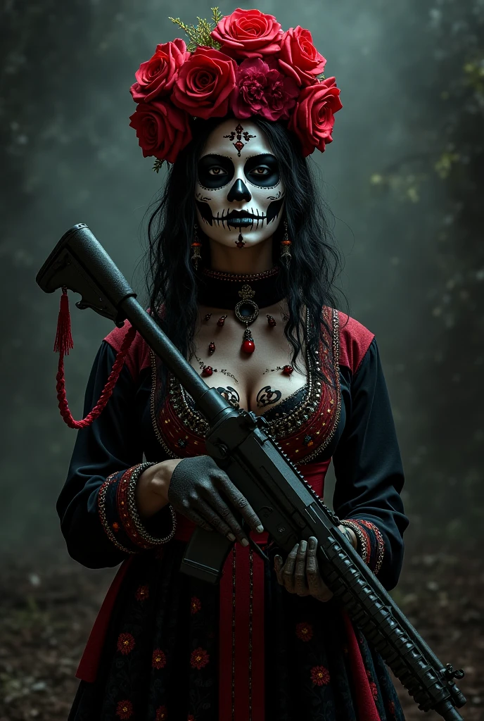 Indigenous Woman, skull face, red skinned, with black paint, antlers, black hat, holding trident, smoking cigarette in the cemetery