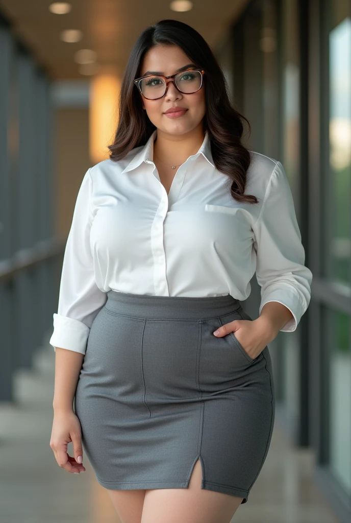 (masterpiece:1.3),(best quality:1.2),8k,absurdres,unity 8k wallpapper,(extremely detailed:1.3, fullbody, centered view), looking at viewer, alternated hairstyles, black hair, saggy, middle-aged woman, curvy, office lady, detailed background, standing, shy, ultra realistic, glasses, naughty pose, highly detailed face