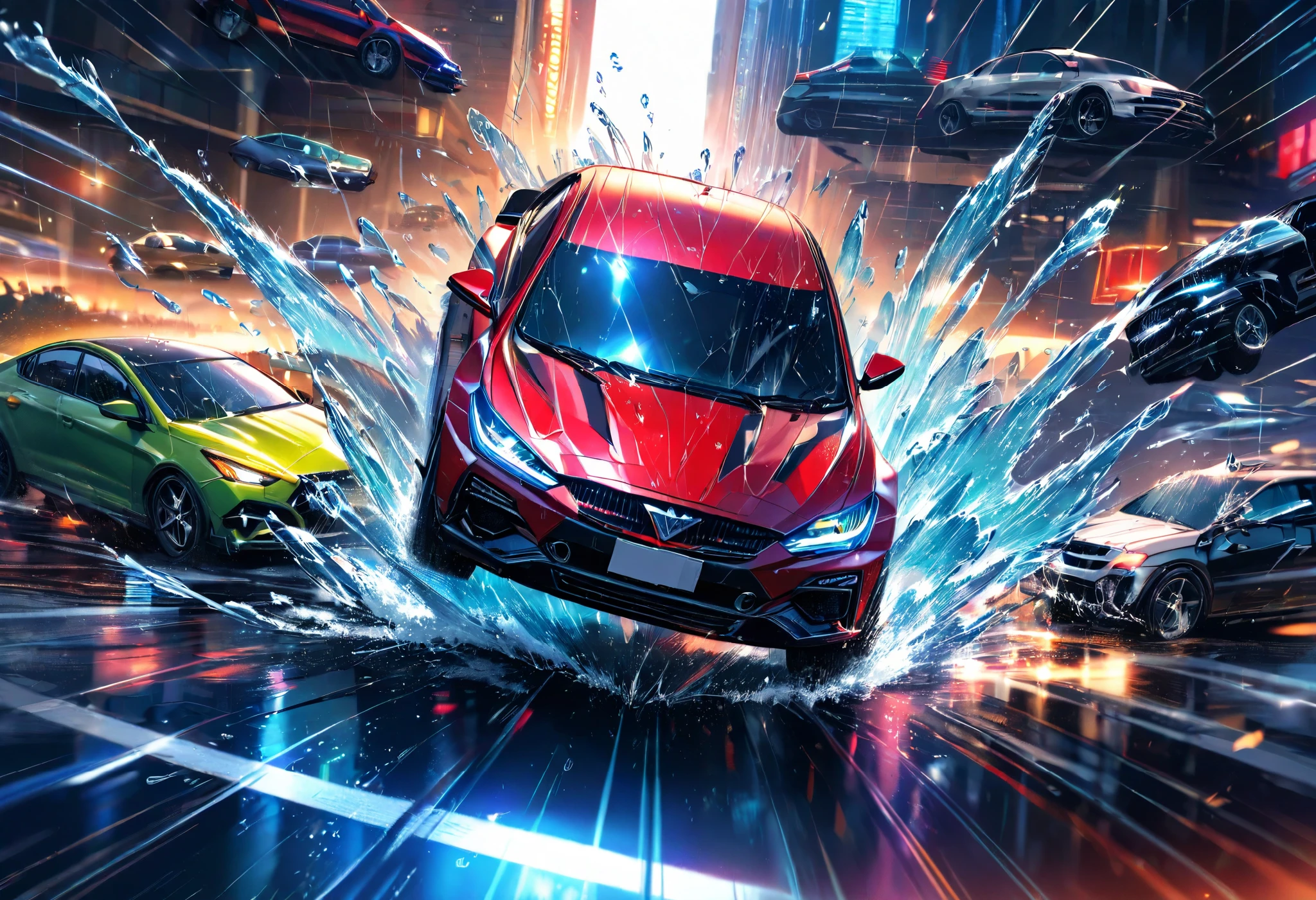 Comic book-like artwork, Several cars racing on a highway at night in a pouring rain, Outlaws, Splashing water, Splashing water, Crashed cars, Highway scenery, Speed ​​lines, Motion blur, Action blur, Extremely detailed, Sharp focus, Vibrant colors, Soft lighting, Cinematic composition, Extremely detailed, Extremely clear image, Artistic photography, Hyper-realistic, Ultra-detailed, Absolute resolution, Masterpiece