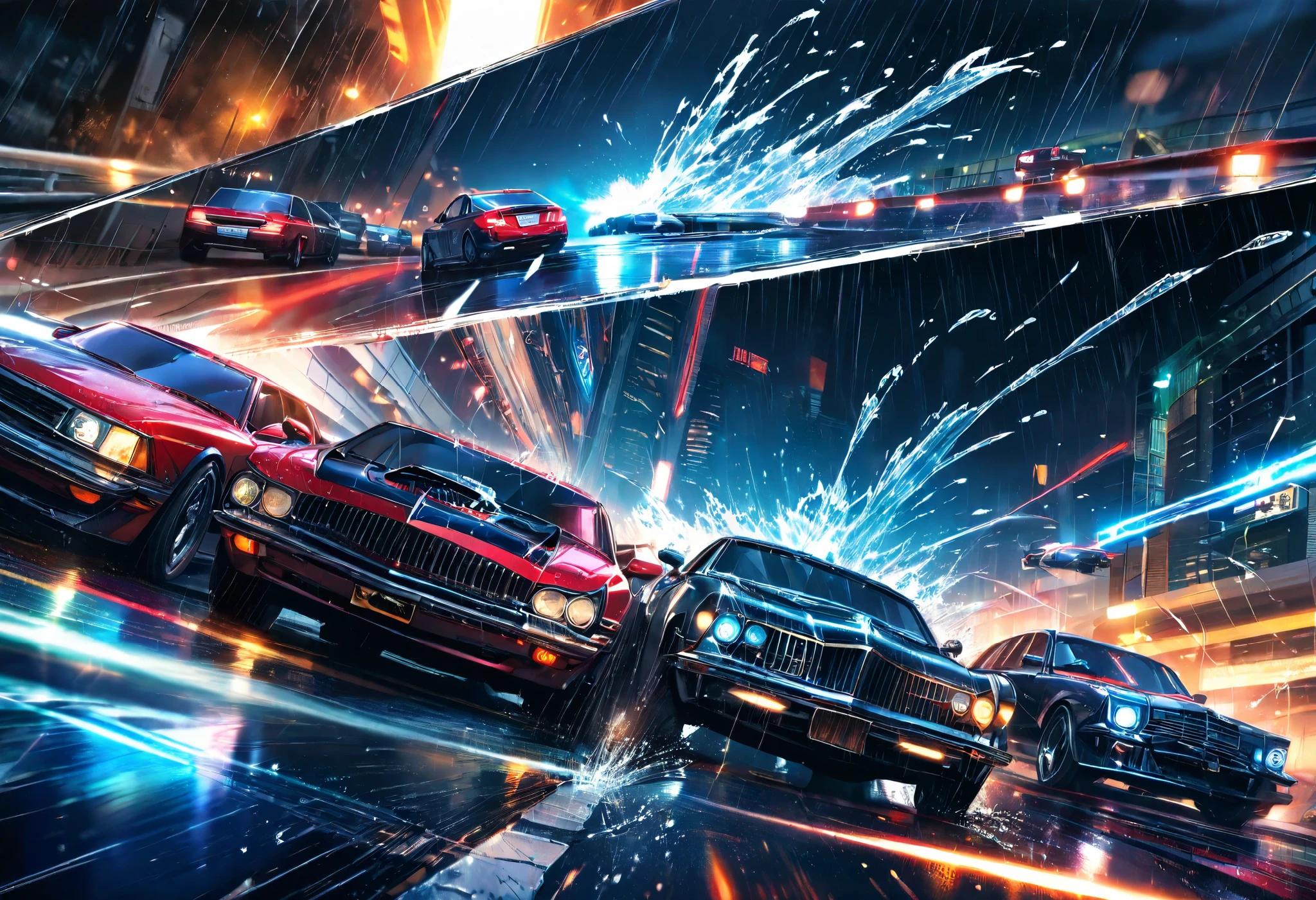 Comic book-like artwork, Several cars racing on a highway at night in a pouring rain, Outlaws, Splashing water, Splashing water, Crashed cars, Highway scenery, Speed lines, Motion blur, Action blur, Extremely detailed, Sharp focus, Vibrant colors, Soft lighting, Cinematic composition, Extremely detailed, Extremely clear image, Artistic photography, Hyper-realistic, Ultra-detailed, Absolute resolution, Masterpiece
