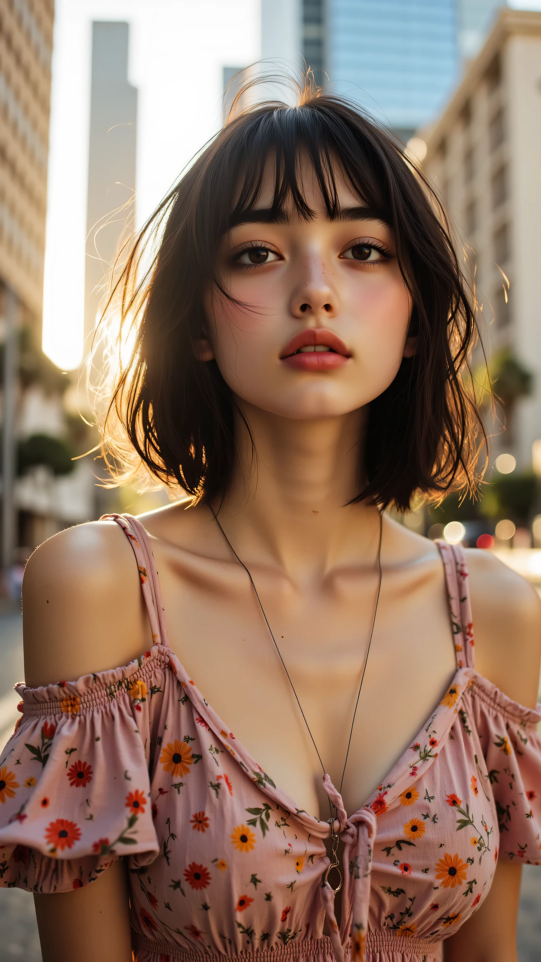 A woman with a necklace and a dress on standing in the street - SeaArt AI