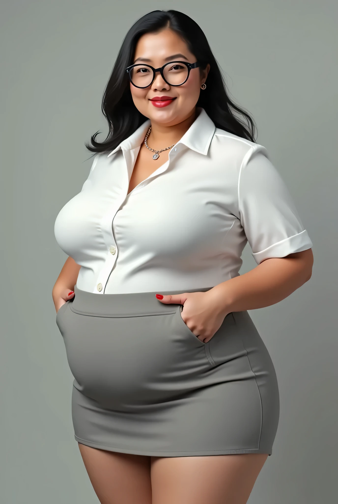 Beautiful pregnant Latina with a curvy body wearing office suit and lipstick