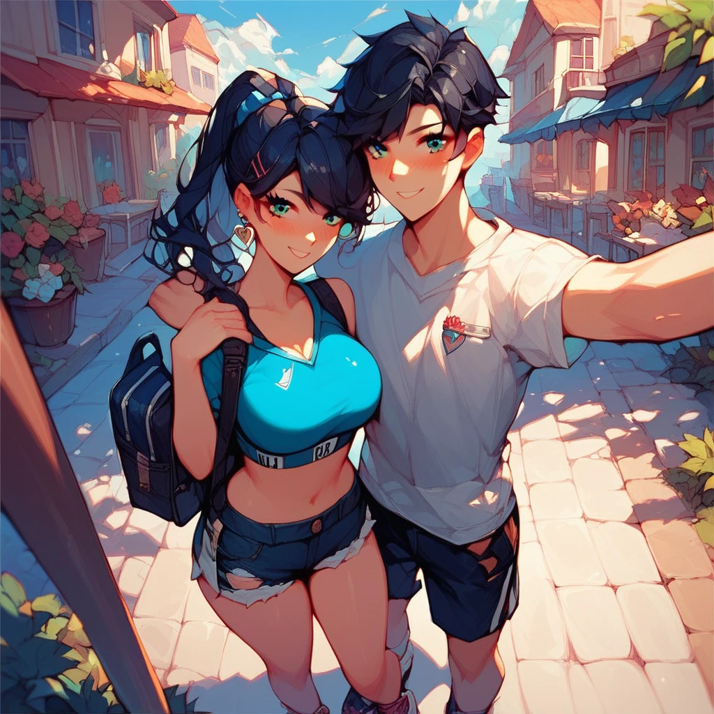Matsuura kanan love live, long hair, ponytail, blue hair, purple eyes, gym bra, bike shorts, standing, puffy crotch , skindentation , realistic art style  ,in street, lake in background, 1boys,1girl,taking selfie with boy , erection under clothes ,hug, hip grab and squeeze, (tongue out:1.2),one eye closed, smile , open mouth ,panis press