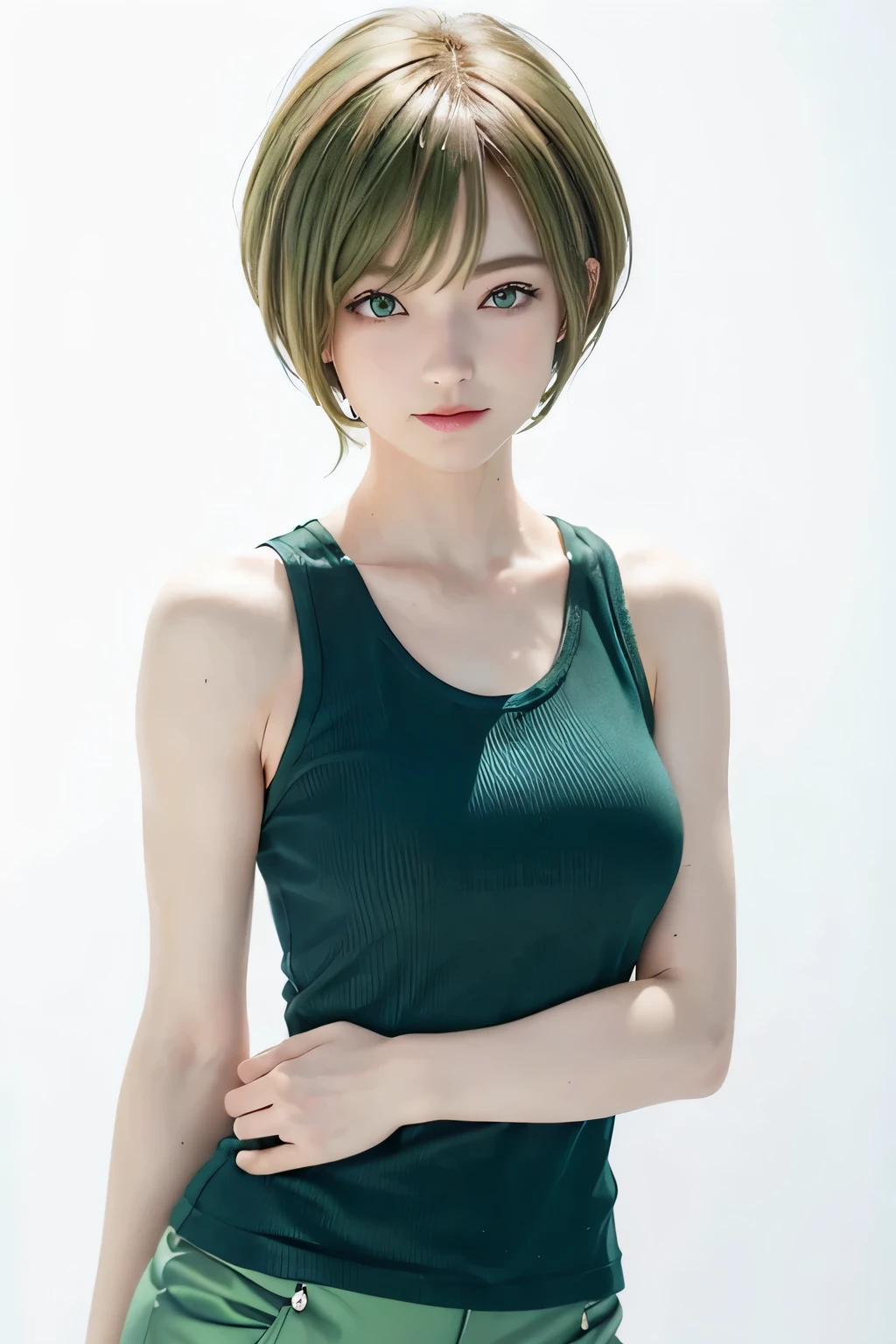 20 year old girl, sexy model, green theme cloth, short hair, high contrast (Natural skin texture, Hyperrealism, Soft Light, sharp), portrait, standing, korean
