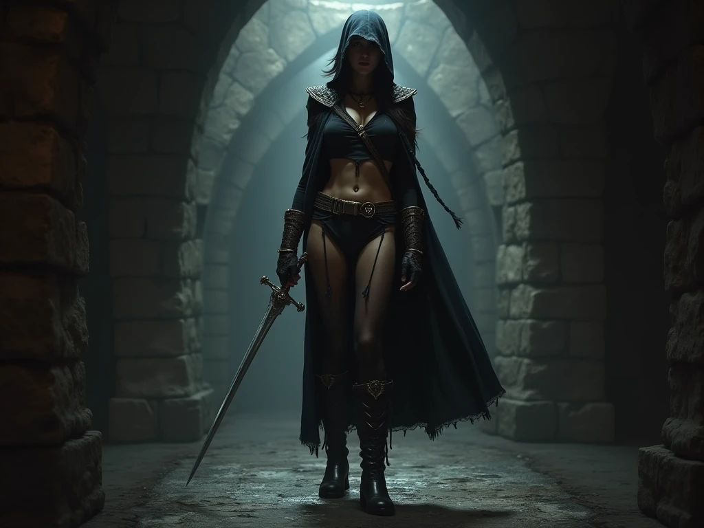beautiful kate beckinsale in hood, Two Swords in Hand, holds two daggers with his hands like a phantom assassin in manifold paradox, full-length general plan, head, large breasts, transparent bra, beautiful waist, life, Navel, legs, fighting stance, hi-res, detailing, dark place, unusual blur effect from clothes