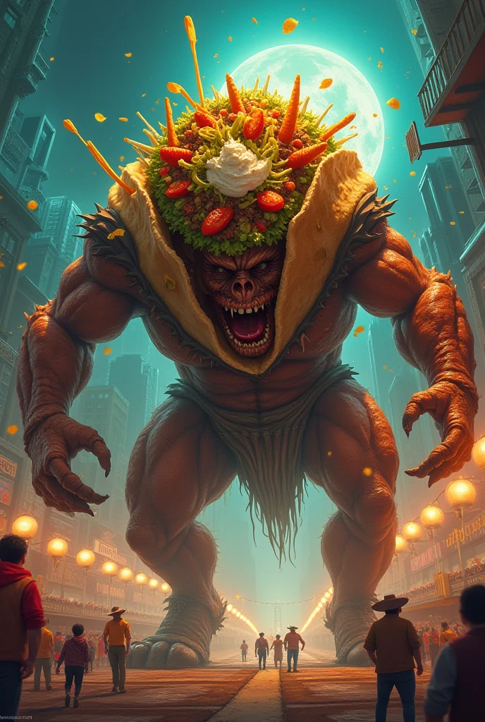 Create imaginative and amazing images demonstrating the style of ((Miscellaneous Academia)), hyper realistic, 8k, vibrant colors, sharp crisp image  an illustration of a traditional market guarded by a monstrous demon with a giant body.