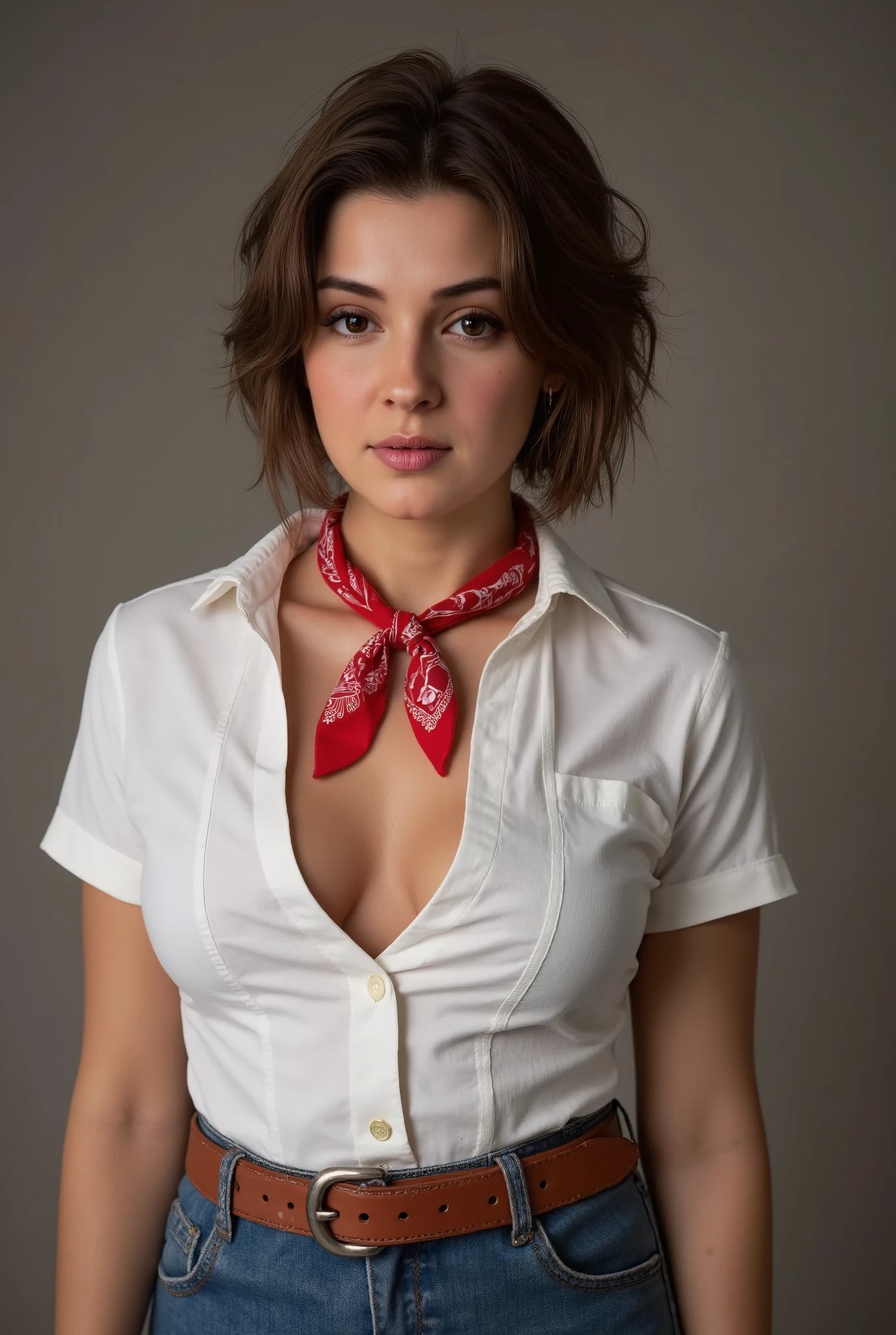 detailed eyes, (full body shot:1.2), 8k, (skinny body:1.2), curvy, (hands behind her back:1.2), seductive pose, (looking at viewer, 8k vector photography, young , beautiful eyes, realistic lighting, detailed outfit, realistic facial features, hyper detail, (perfect angle, focus on face hips and breastegane)), (very short hair:1.3), short disheveled hair, ahoge, flat chest, pioneer neckerchief, micro blue tight skirt, bangs, shirt, collarbone, very tight white shirt, short sleeves, collared shirt, belt, eyelashes, red neckerchief, breast pocket, resembles a sex doll, melenamariarya