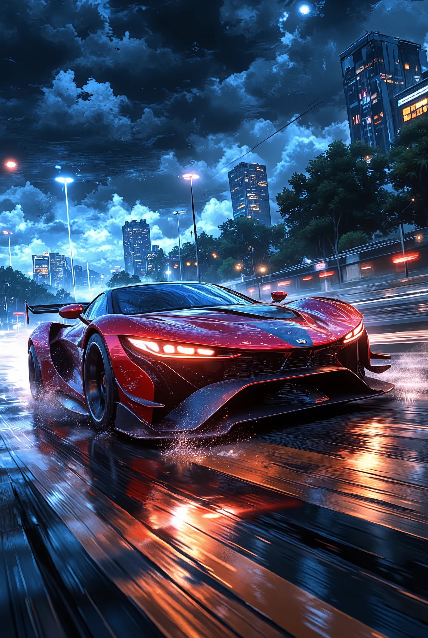 two tuned sports cars with low suspension, racing at top speed along a winding high-speed highway under torrential rain, one of the cars on a dashing turn, on the verge of an accident due to rain, clouds of smoke from under the wheels, footprints on wet asphalt, twisted, wildly spinning wheels, wide tires, fiery rims, the light of powerful headlights torrents of rain, thick downpour, lightning flashes, reflection of racing car lights on wet asphalt, sea on one side of the road, mountains on the other side, night sky, low gray clouds, clouds, continuous oblique streams of rain from the sky, far away on the horizon is a modern metropolis, reflections in the night sky from the lights of the city, glass, concrete skyscrapers, neon advertising, the atmosphere of street racing, danger, anxiety, strength, speed, blur effect,linear angular perspective, color perspective, tonal perspective, from below shot, animated digital art, high detail,