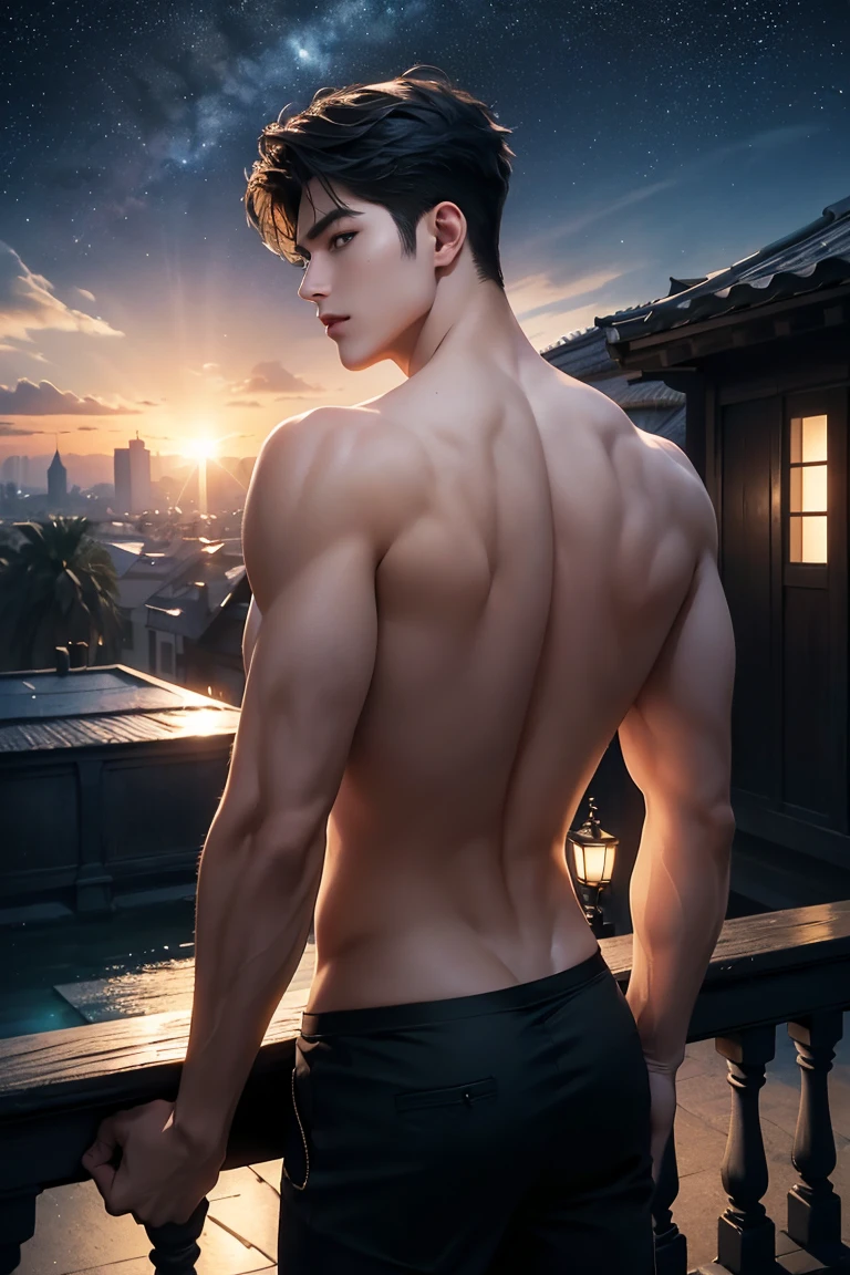 1 male, high resolution 4k, adult, handsome male, perfect face detail, detailed eyes and face, clean shaved, sixpack, white eyebrow hair, white eyelashes, Naked torso, Detailed face, perfect face, dynamic lighting, Real skin texture, ((Perfect hand details)), ((Real and complete hand details)), unreal engine, hd picture, satoru gojo, Jujutsu kaisen, white hair, short hair ,hair between eyes ,blue eyes, white skin, Sexy clothes, singlet