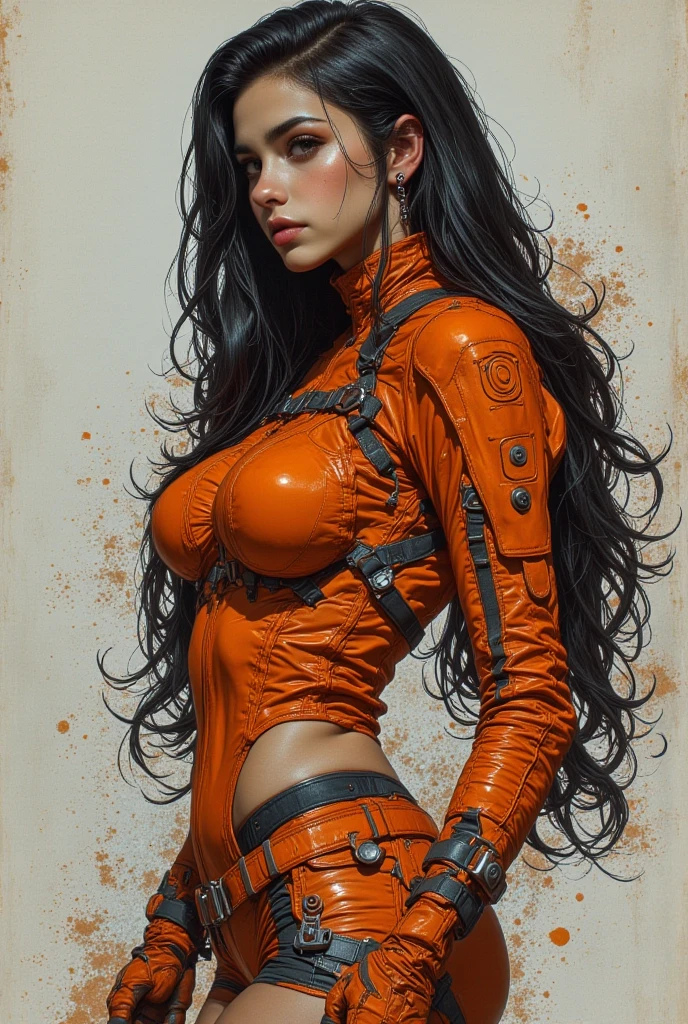(1 woman), (megan fox:1.25), a drawing of a barbarian woman in full latex suit, (latex bodysuit:1.25), (extreme muscular definition:1.5), (full body pose:1.25), (huge upper body:1.25), (wide shoulders:1.25), veins, beautiful face, full lips, slim face, high cheekbones, muscular, in the art style of peter mohrbacher