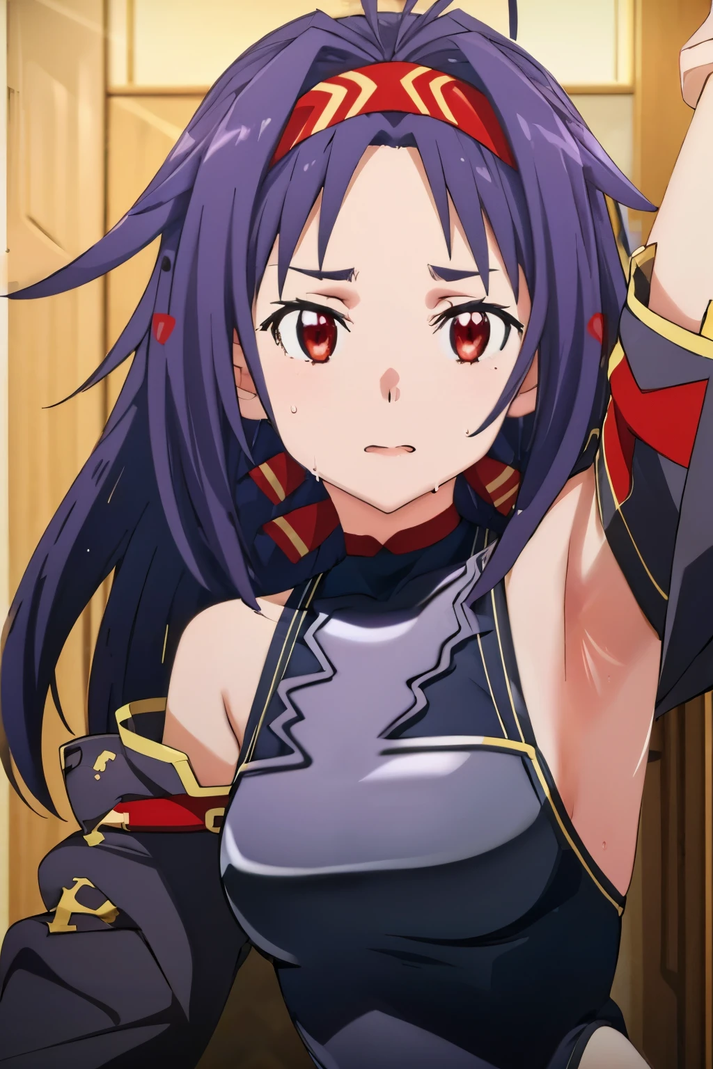 1Girl, Half body, Konno yuuki, Armpit, Raise arms, Armpit ,Shy ,Look at the viewer ,Sweat