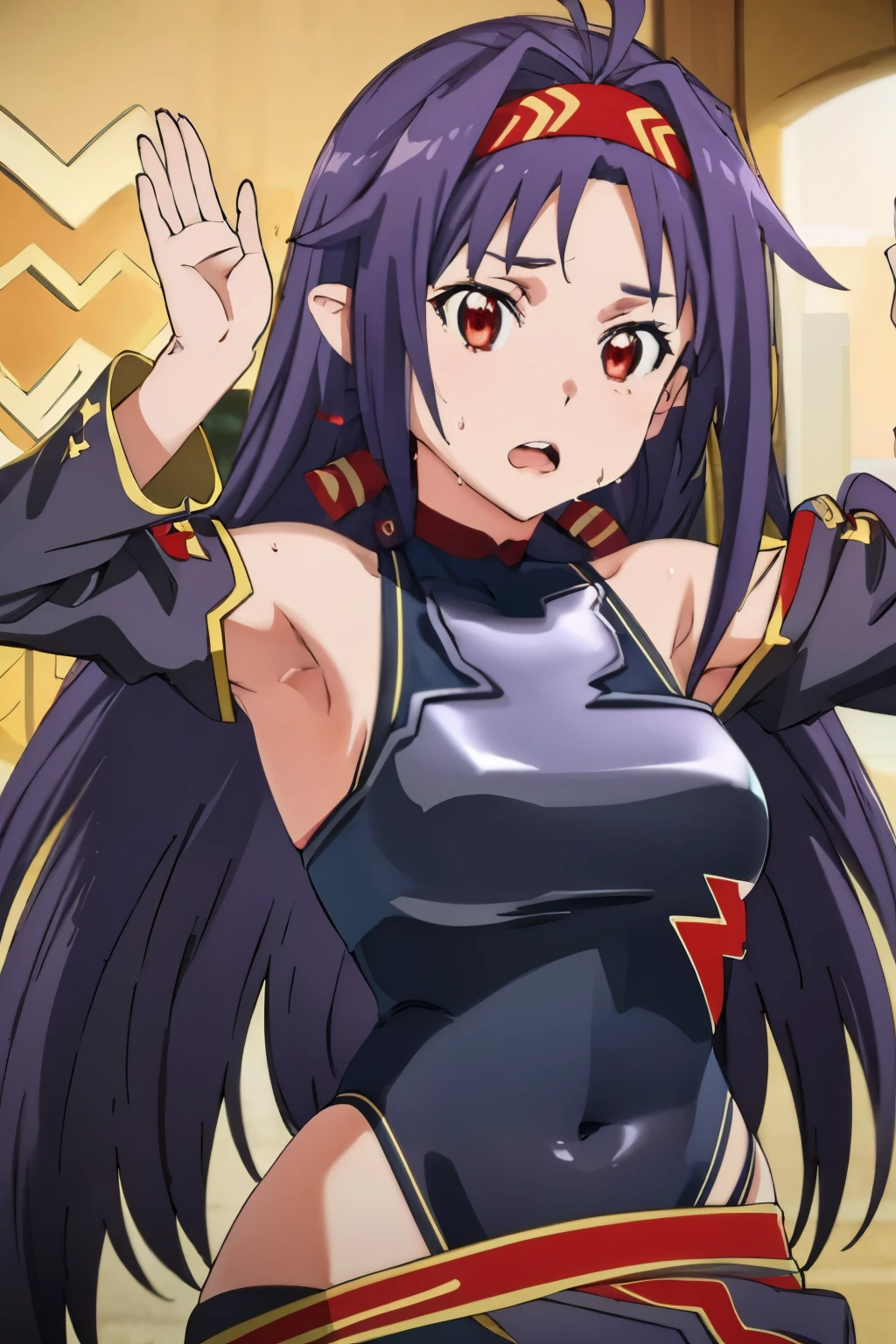 1Girl,Full body, Konno yuuki, Armpit, Raise arms, Armpit ,Look at the viewer ,Sweat