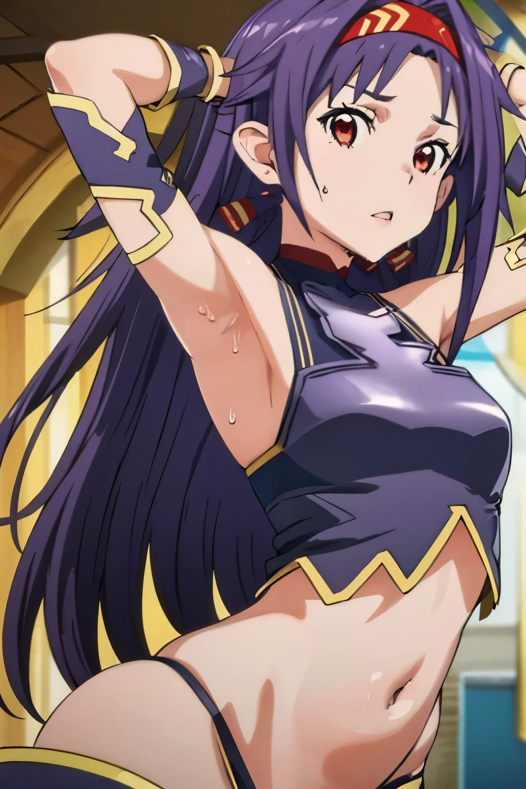 1Girl, Half body, Konno yuuki, Armpit, Raise arms, Small breasts, Armpit ,Concept Spread Armpit, Look at the viewer ,Sweat