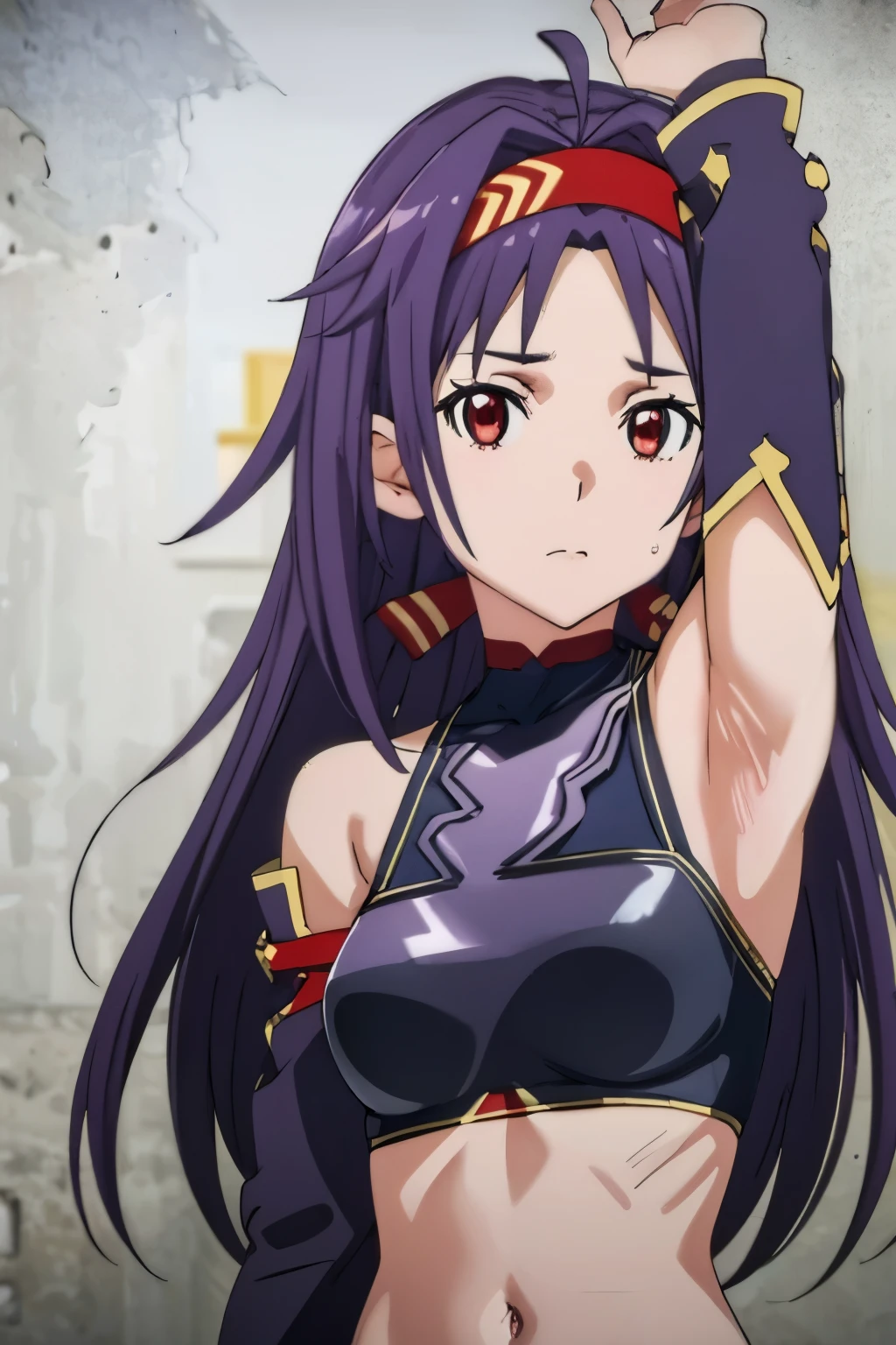 1Girl, Half body, Konno yuuki, Armpit, Raise arms, Small breasts, Armpit ,Concept Spread Armpit, Look at the viewer ,Sweat 