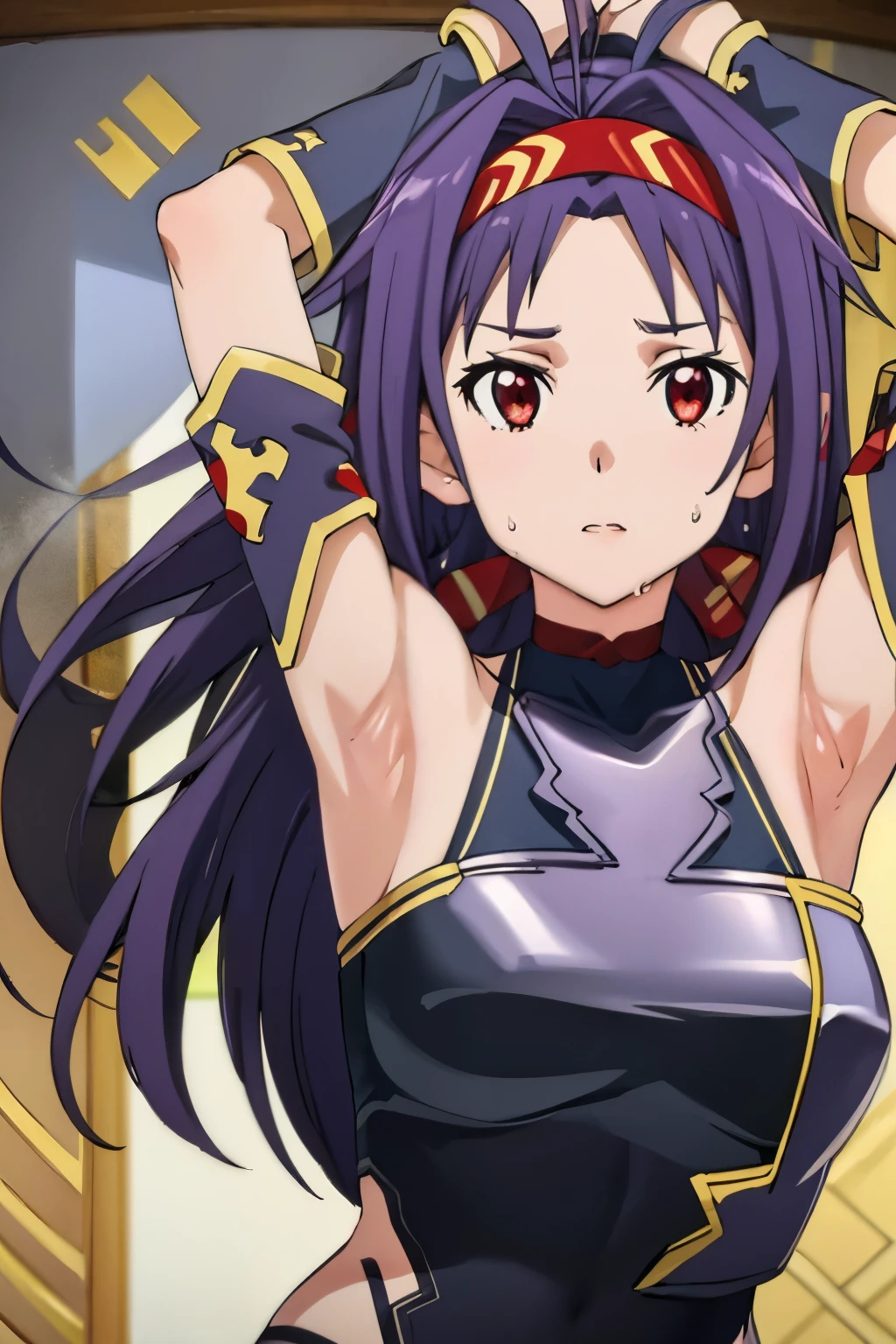 Bedroom, 1Girl, Half body, Konno yuuki, Armpit, Raise arms, Small breasts, Armpit ,Concept Spread Armpit, Look at the viewer ,Sweat