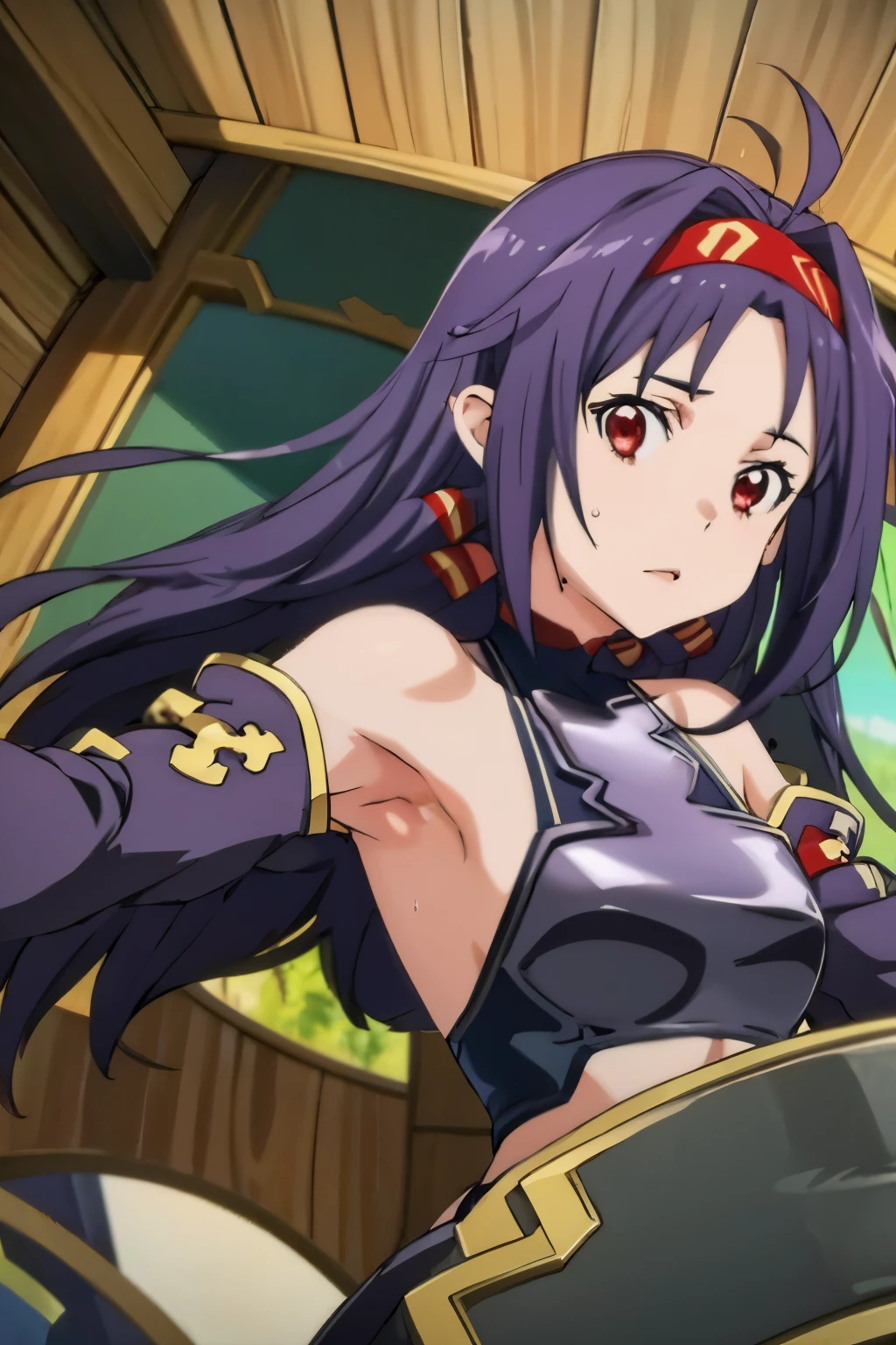 Bedroom, 1Girl, Half body, Konno yuuki, Armpit, Raise arms, Small breasts, Armpit ,Concept Spread Armpit, Look at the viewer ,Sweat