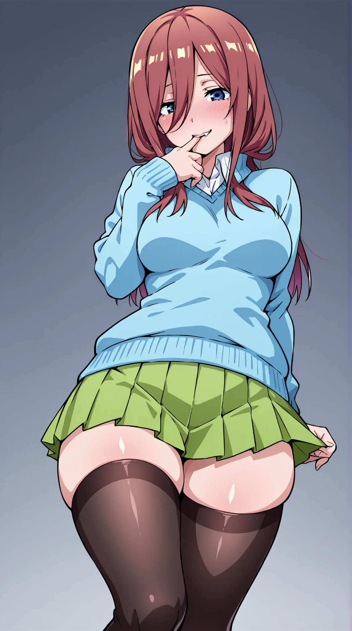 (masterpiece:1.2), best quality, high resolution, unity 8k wallpaper, (illustration:1.0), (beautiful detailed eyes:1.6), extremely detailed face, perfect lighting, extremely detailed CG, (perfect hands,perfect anatomy), (dynamic angle and pose:1.3), nice angle, (1girl, solo:1.5), BREAK
nakano nino, butterfly hair ornament,shirt, smile, skirt, v, breasts, beautiful blue eyes, white shirt, looking at viewer, hair ribbon, large breasts, red hair, blush, (green skirt:1.2), (pleated skirt:1.2), collared shirt, closed mouth, blunt bangs, black ribbon, open clothes, white thighhighs, cardigan, long sleeves, short hair, thighs, black cardigan, two side up, open cardigan, school uniform, hand up, zettai ryouiki, miniskirt, panties, BREAK
(skirt lift by myself:1.4), black panties,(from below:1.4),seductive smile, evil smile, femdam, BREAK
(mansion:1.4), (bedroom:1.4),
