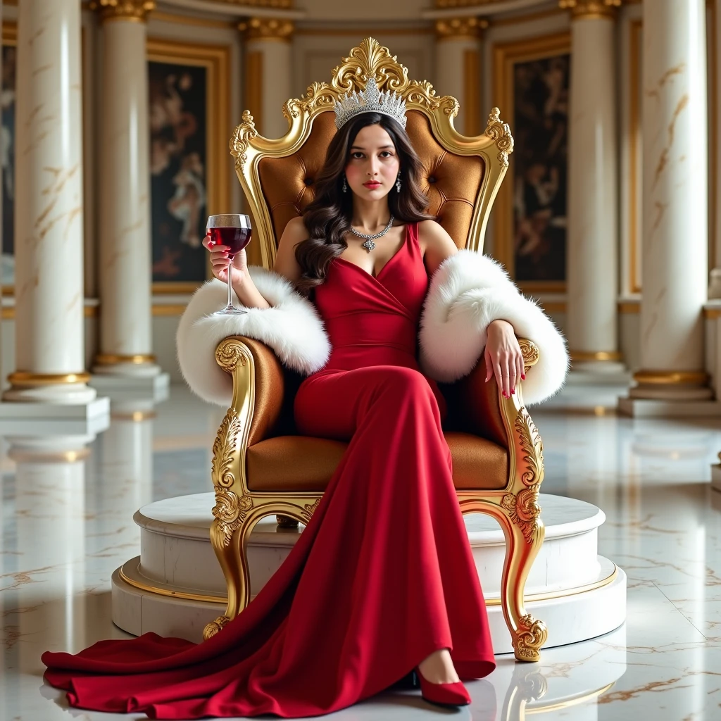A multi-millionaire girl, with a mansion by her side and a billion dollars on the floor, and a golden diamond chair 