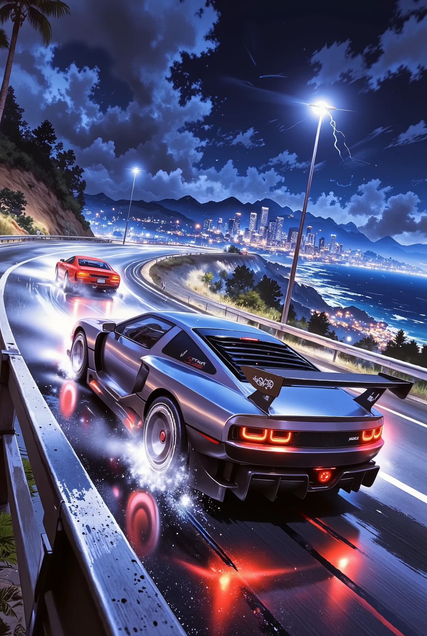 two tuned sports cars with low suspension, racing at top speed along a winding high-speed highway in the pouring rain, one of the cars on a dashing turn, on the verge of an accident due to rain, clouds of smoke from under the wheels, tracks on wet asphalt, twisted, wildly spinning wheels, wide tires, fiery rims, the light of powerful the headlights are pierced by torrents of rain, a thick downpour, lightning flashes, the reflection of racing car lights on wet asphalt, the sea on one side of the road, the mountains on the other side, the night sky, low gray clouds, clouds, continuous oblique streams of rain from the sky, far away on the horizon is a modern metropolis, reflections in the night sky from the lights of the city, glass, concrete skyscrapers, neon advertising, the atmosphere of street racing, danger, anxiety, strength, speed, blur effect,linear angular perspective, color perspective, tonal perspective, from below shot, animated digital art, high detail,