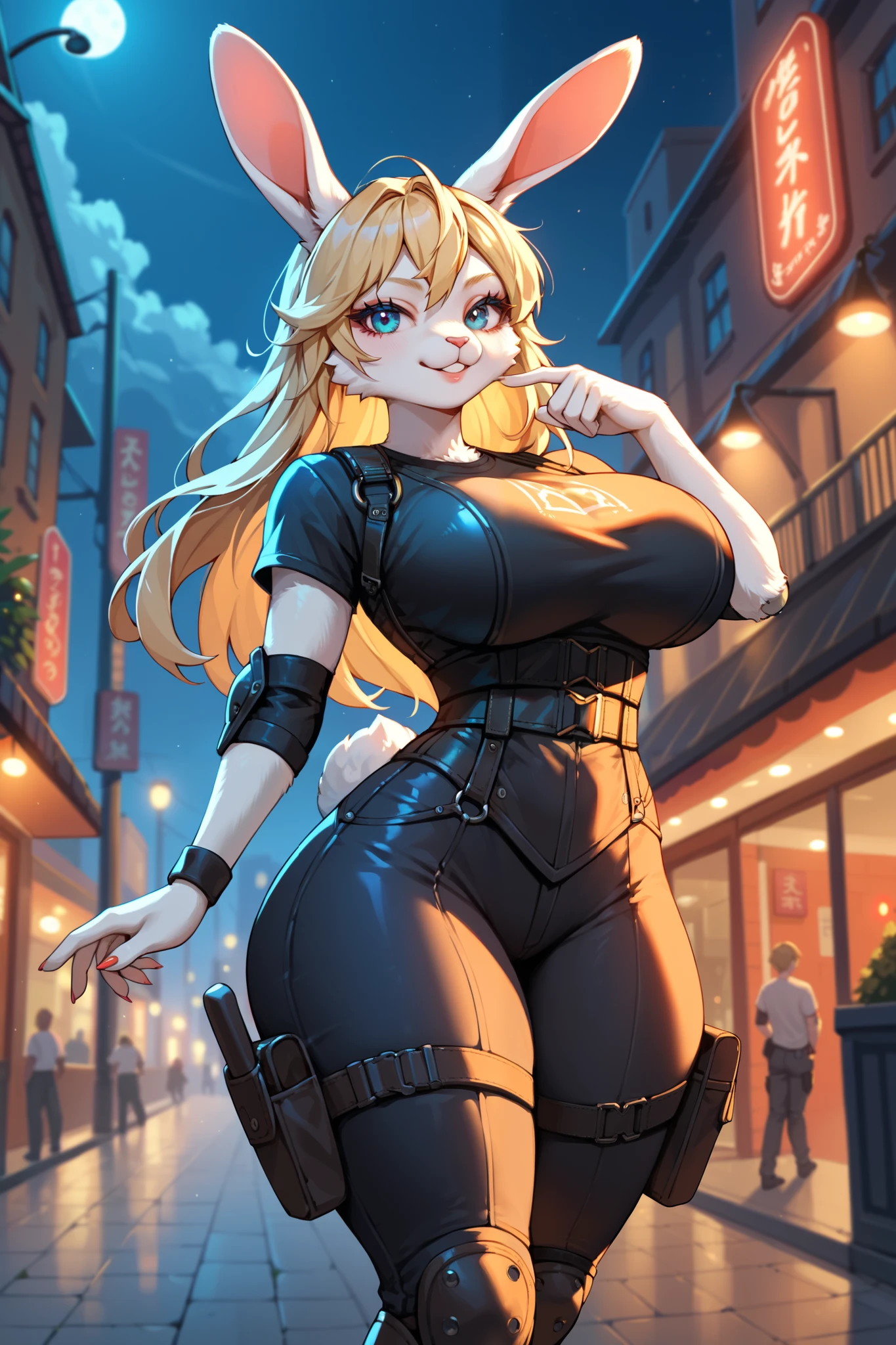1girl, utsushimi kemii, boku no hero academia \\\\\ masterpiece, best quality, very aesthetic, absurdres, newest \\\\\\ slim body,///// ,by nyantcha,cutesexyrobutts , by khyle,,////// beautiful face,  light brown hair  ,plump and glossy lips, . , looking at viewer, close-up, dark brown eyes,, cap,  black catsuit with blending patterned lines and a zipper running down the middle, left slightly down to reveal her cleavage. She wears white cuffs around her wrists,smile,standing, city, 
