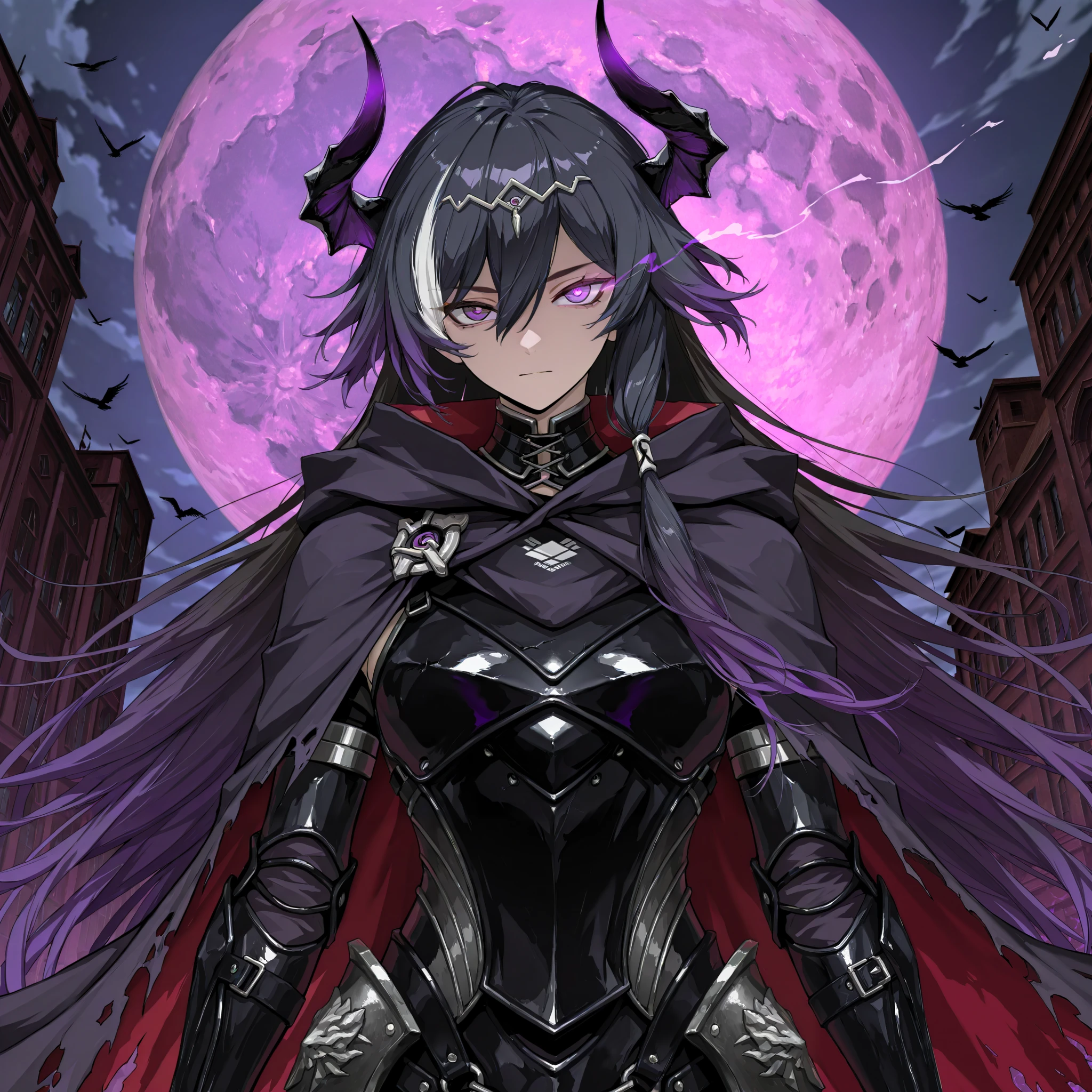 by [inoitoh|arknights|748cmstyle],
1girl, solo, alone, single character, messy background, chaotic background, magic aura background, (glancing at viewer, angled shot, angles, dynamic shot, action shot, upper body focus, cowboy shot:1.2), adult woman, (FuHua, Fol005, Fh_Hos:0.55), fu hua, deep purple eyes, very long hair, (black hair, purple hair, two tone hair, gradient hair, dark hair, raven coloured hair, white streaks:1.24), black form fitting armor, carapace, war dress, demon crown, circlet, purple dragon spirits flying behind her acting like bodyguards, moon, purple moon, cursed moon, battle dress, war-mage, succubus, incubus, broken cloak, (black rock shooter:0.42), glowing eye, eye trail, (unusual pupils), (glowing eyes), (magic eyes), tsurime,  
(mature, exquisite detail, 8k, 4k, sharp focus, ultra-detailed, detailed background, absurdres, best quality, amazing quality, very aesthetic, high resolution, newest, hyper-detailed:0.58)
 