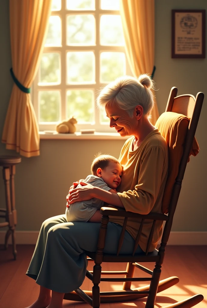 An elderly woman with a gentle face, wearing a white dress, is praying beside her sleeping child's bed.. bedroom background. Back Side, full body, realistic, 4k